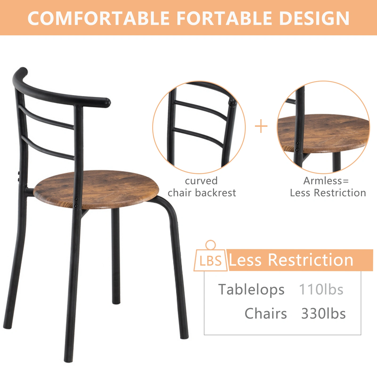 Wooden Breakfast Table Set Black, Curved Back Coffee Table for 2 Chairs, 80x53x76cm Indoor Dining Side Table view 3