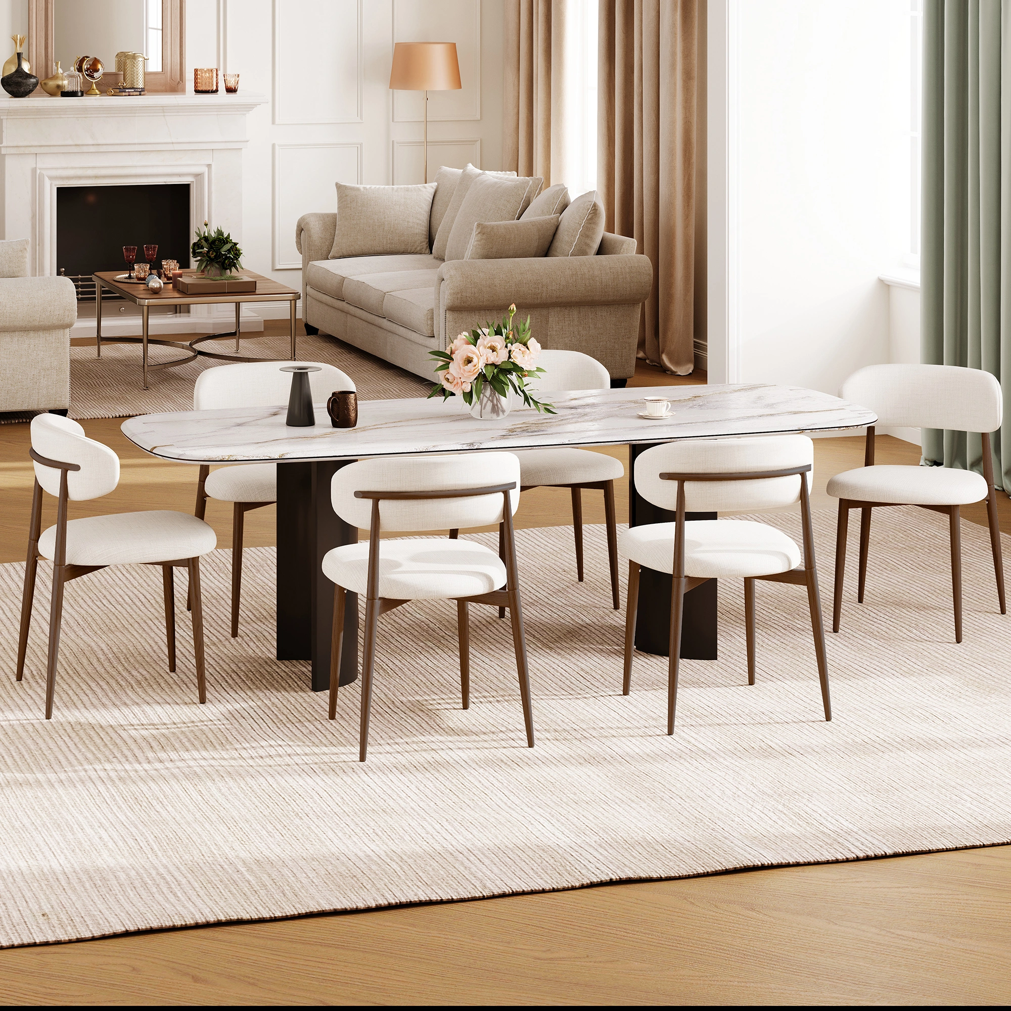 Set of 2 Beige Dining Chairs, Modern Metal Kitchen Chairs with Fabric Upholstered Seat, Contemporary Dining Room Chairs view 12