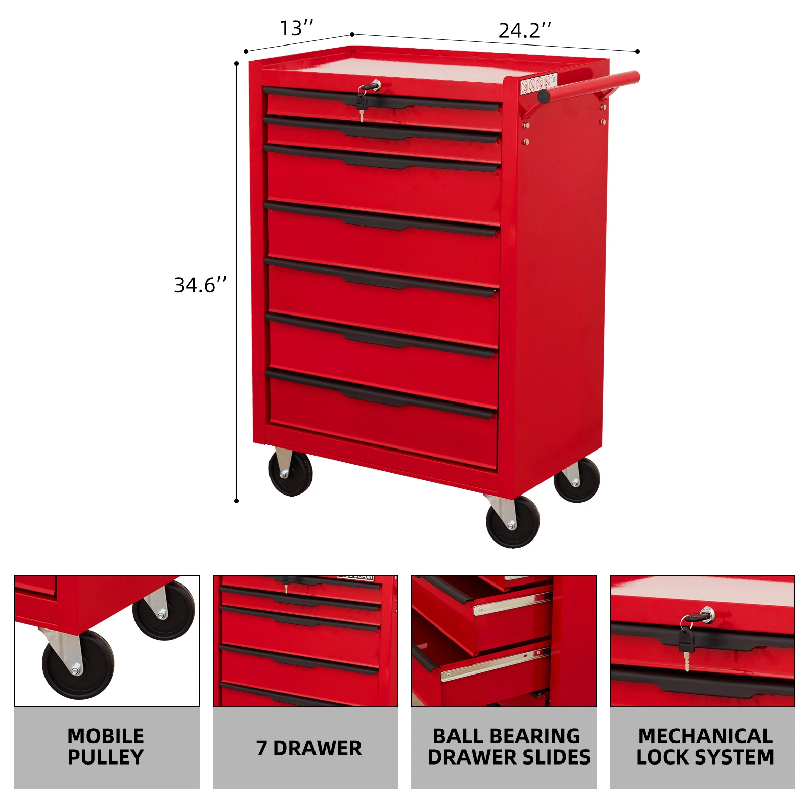 7-Drawer Rolling Tool Chest Cabinet, Large Metal Tool Box with Wheels, Cylinder Lock, Red - Roll-Around Garage Storage Organizer Cart for Warehouse & Workshop view 2