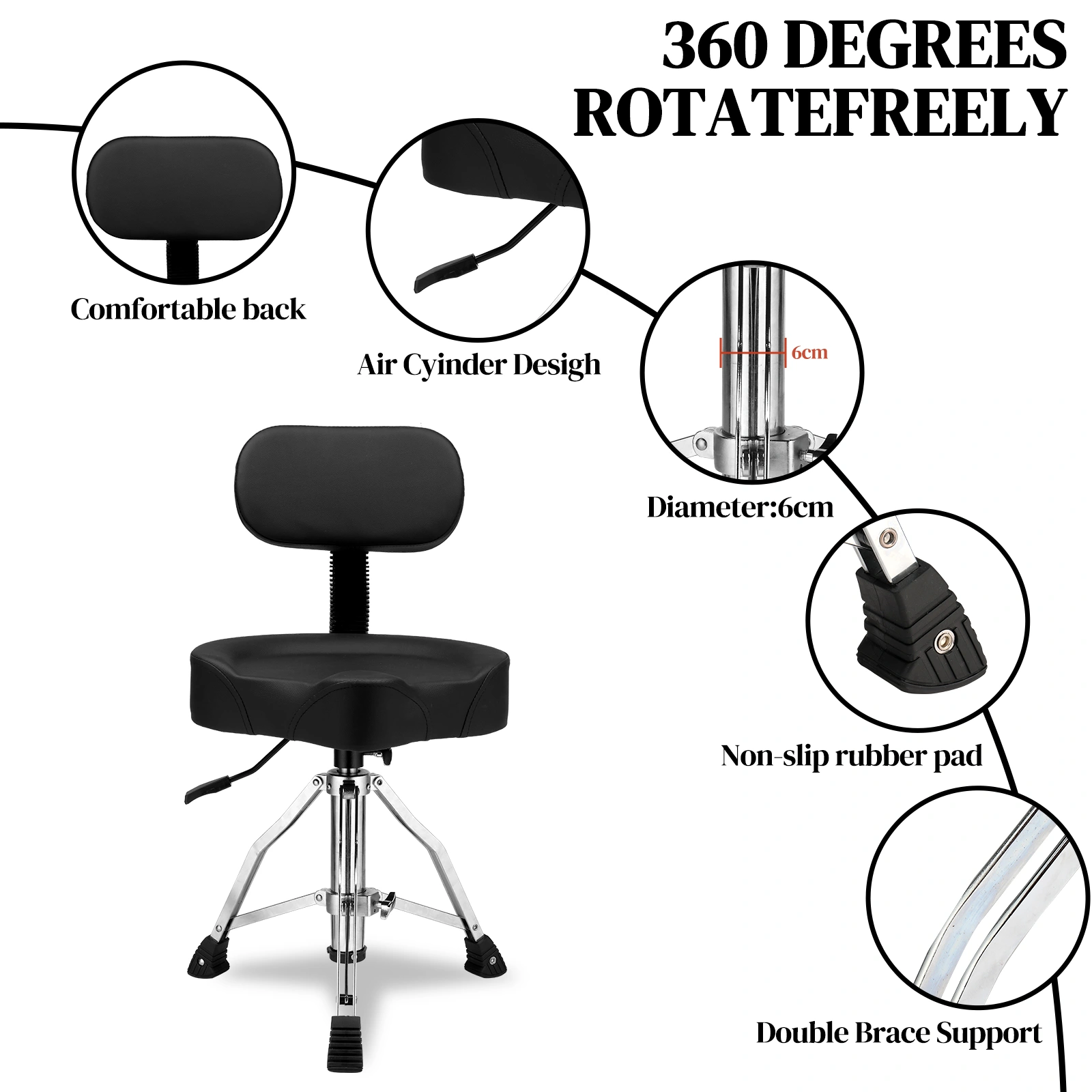 Drum Throne with Backrest, Hydraulic Drum Stool Adjustable Height, Heavy Duty Hydraulic Drum Seat Saddle Design for Drummers Black view 5