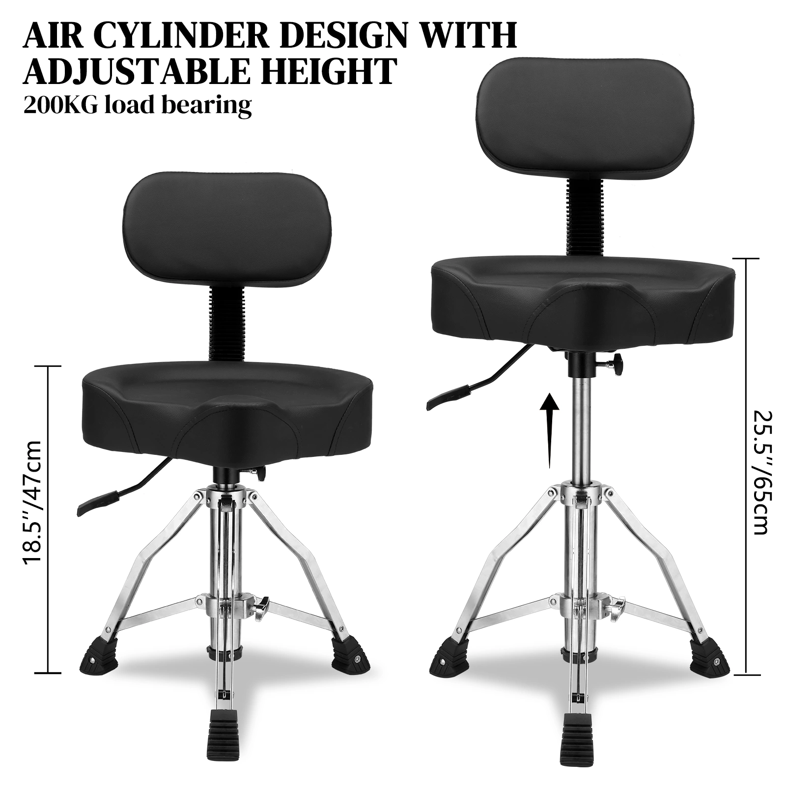 Drum Throne with Backrest, Hydraulic Drum Stool Adjustable Height, Heavy Duty Hydraulic Drum Seat Saddle Design for Drummers Black view 7