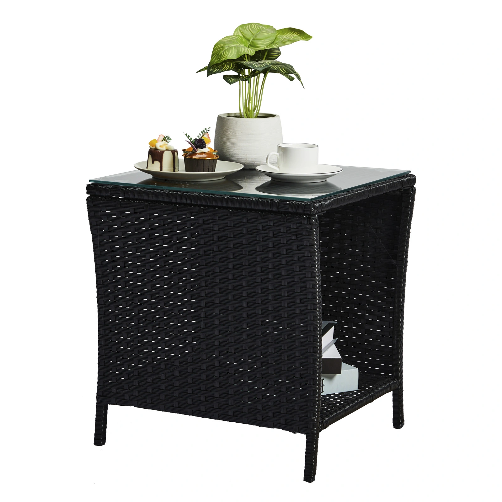 Outdoor Patio Wicker Side Table, Square End Table Bistro Coffee Table with Glass Top Storage Shelf for Porch Garden Backyard Black view 10