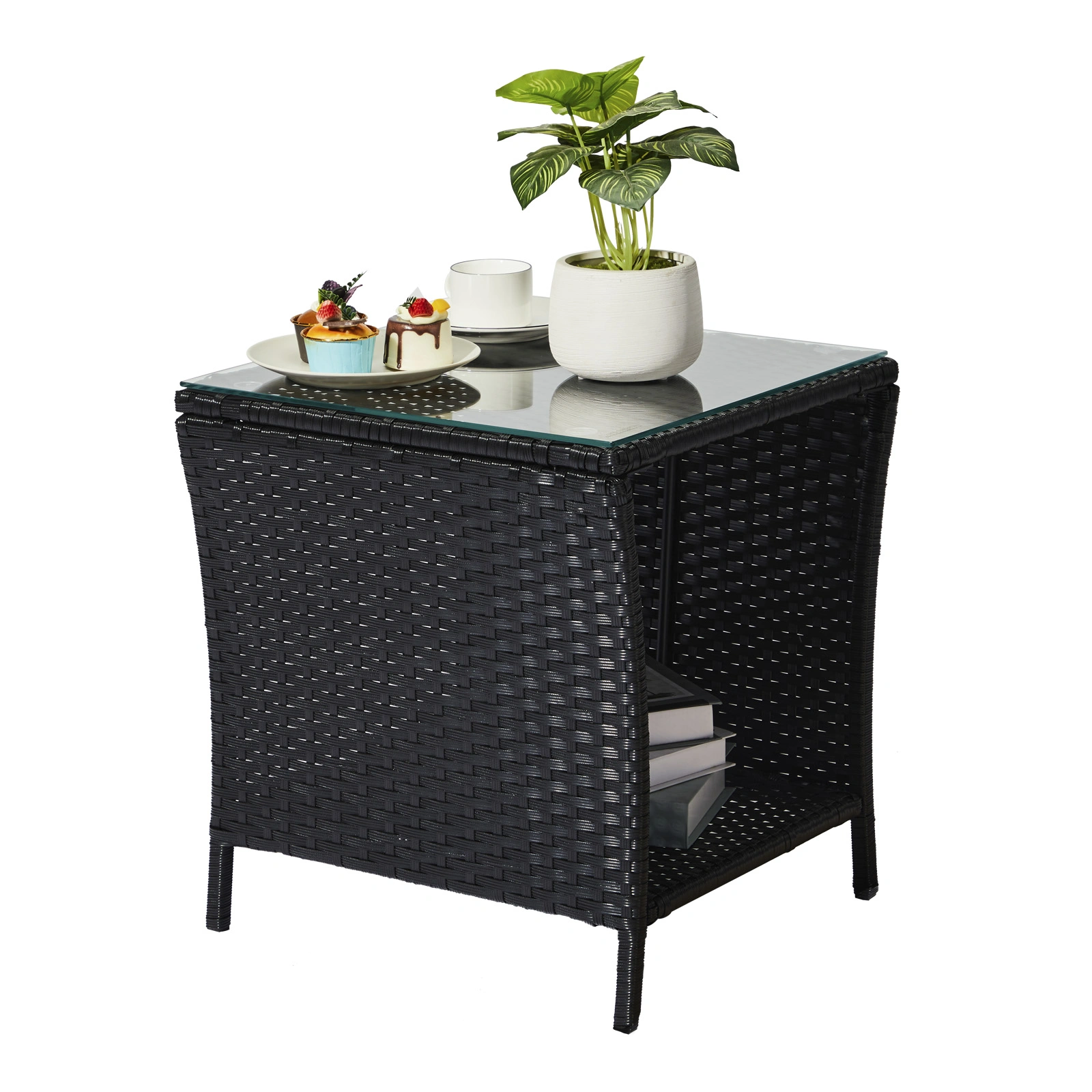 Outdoor Patio Wicker Side Table, Square End Table Bistro Coffee Table with Glass Top Storage Shelf for Porch Garden Backyard Black view 12