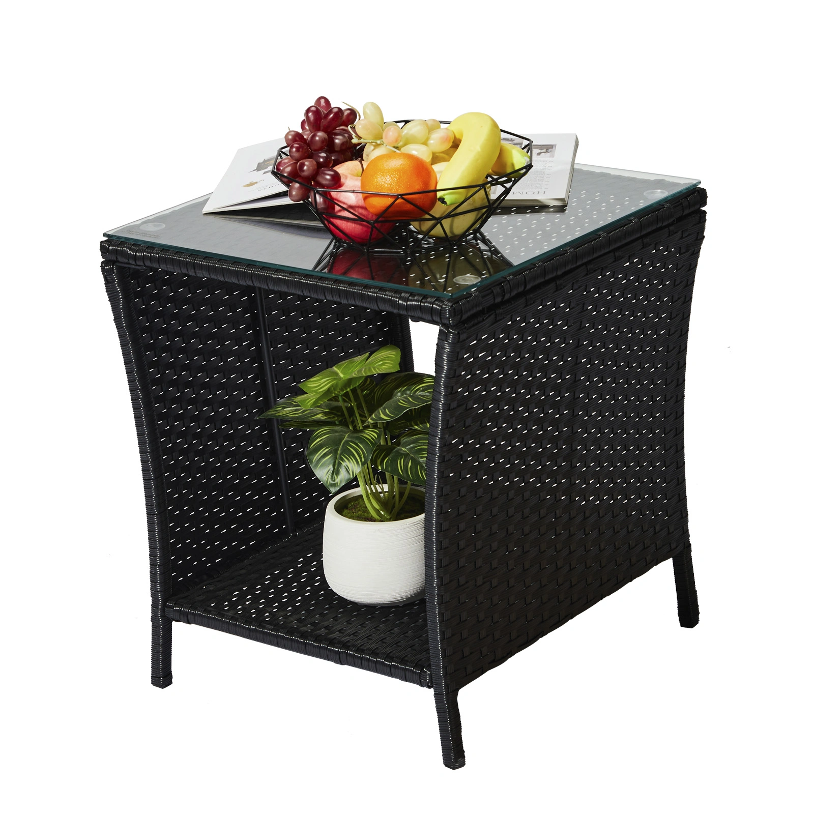 Outdoor Patio Wicker Side Table, Square End Table Bistro Coffee Table with Glass Top Storage Shelf for Porch Garden Backyard Black view 14