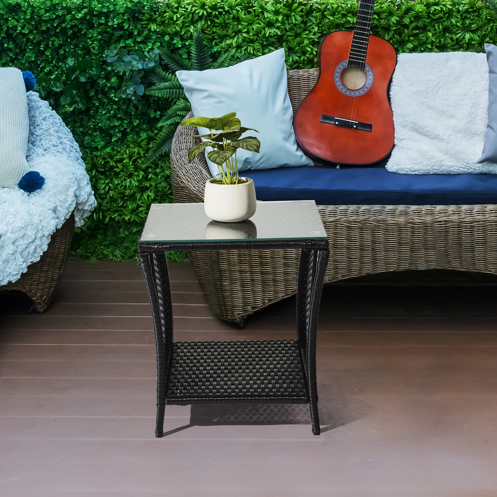 Outdoor Patio Wicker Side Table, Square End Table Bistro Coffee Table with Glass Top Storage Shelf for Porch Garden Backyard Black view 15