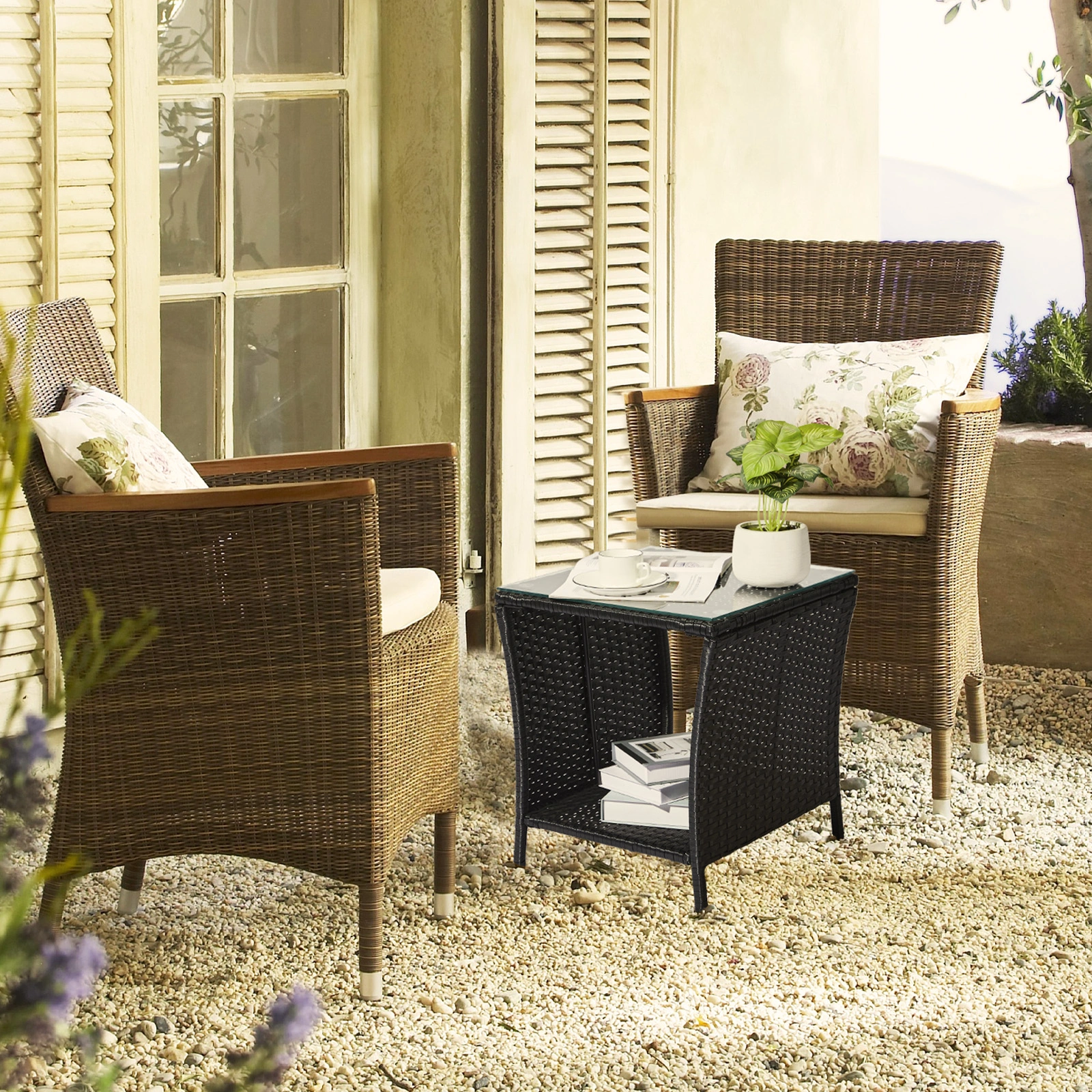 Outdoor Patio Wicker Side Table, Square End Table Bistro Coffee Table with Glass Top Storage Shelf for Porch Garden Backyard Black view 20