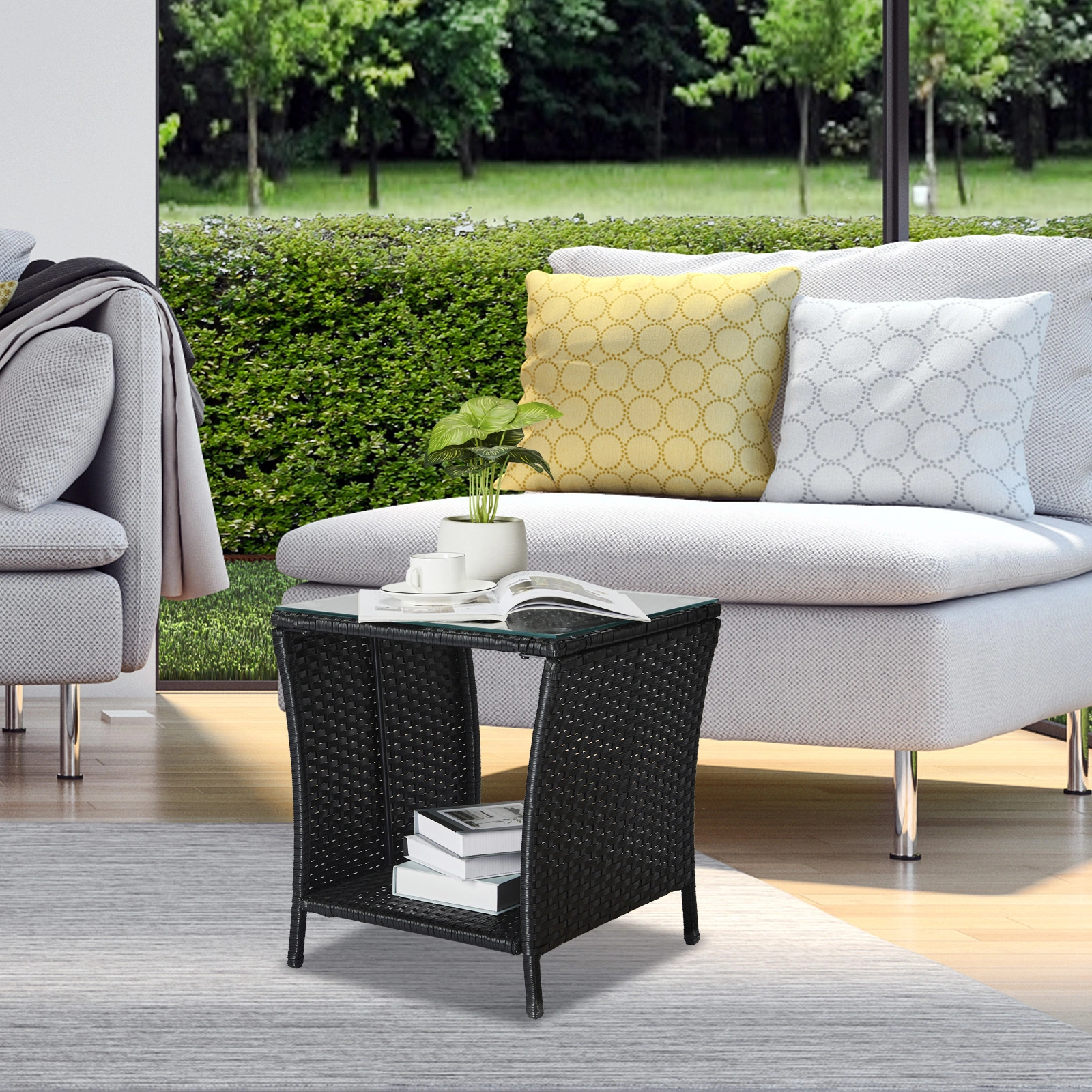 Outdoor Patio Wicker Side Table, Square End Table Bistro Coffee Table with Glass Top Storage Shelf for Porch Garden Backyard Black view 23