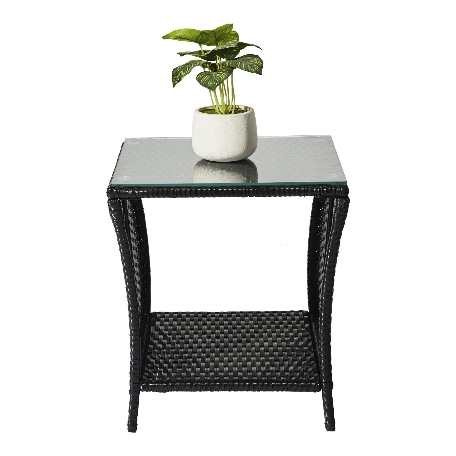 Outdoor Patio Wicker Side Table, Square End Table Bistro Coffee Table with Glass Top Storage Shelf for Porch Garden Backyard Black view 24