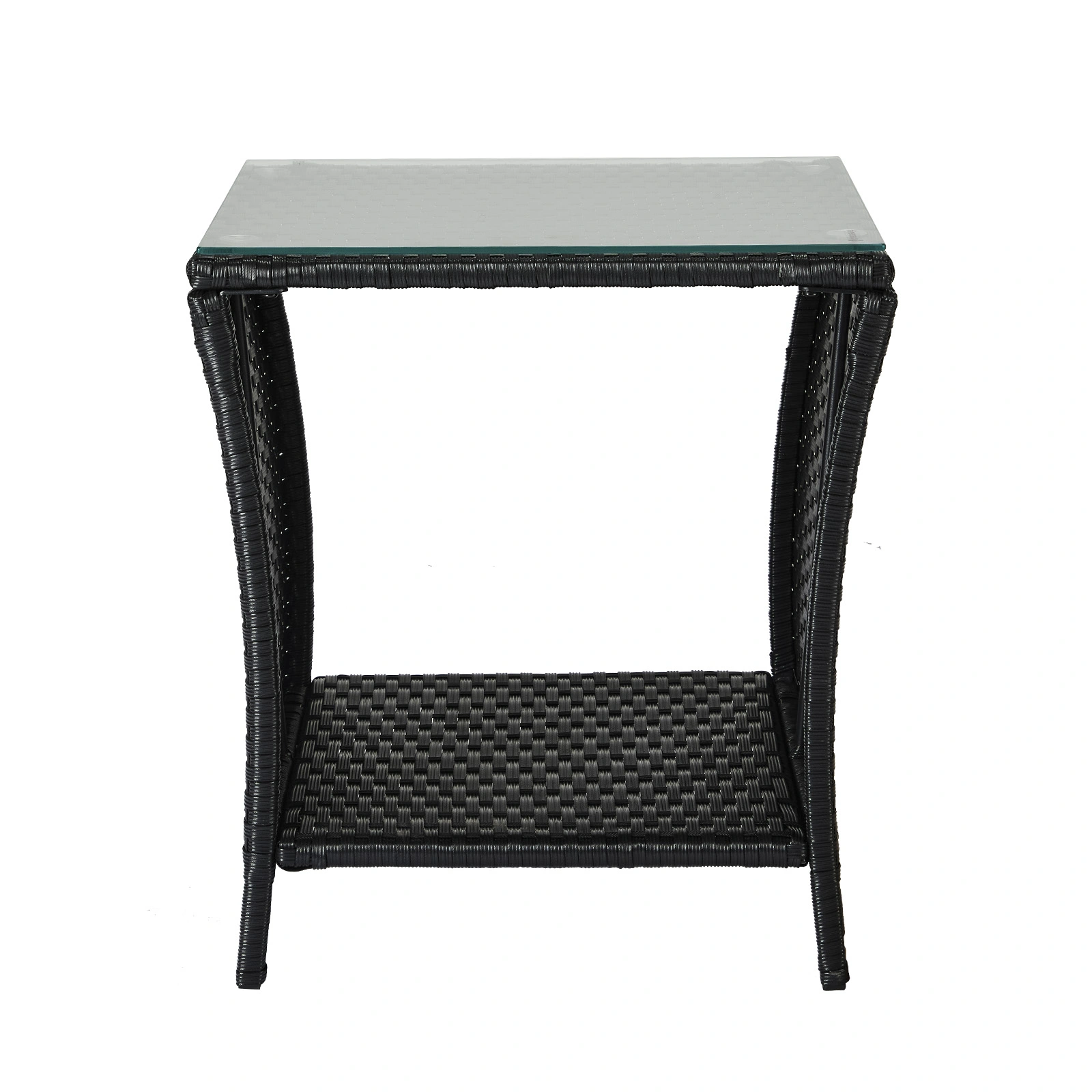 Outdoor Patio Wicker Side Table, Square End Table Bistro Coffee Table with Glass Top Storage Shelf for Porch Garden Backyard Black view 5