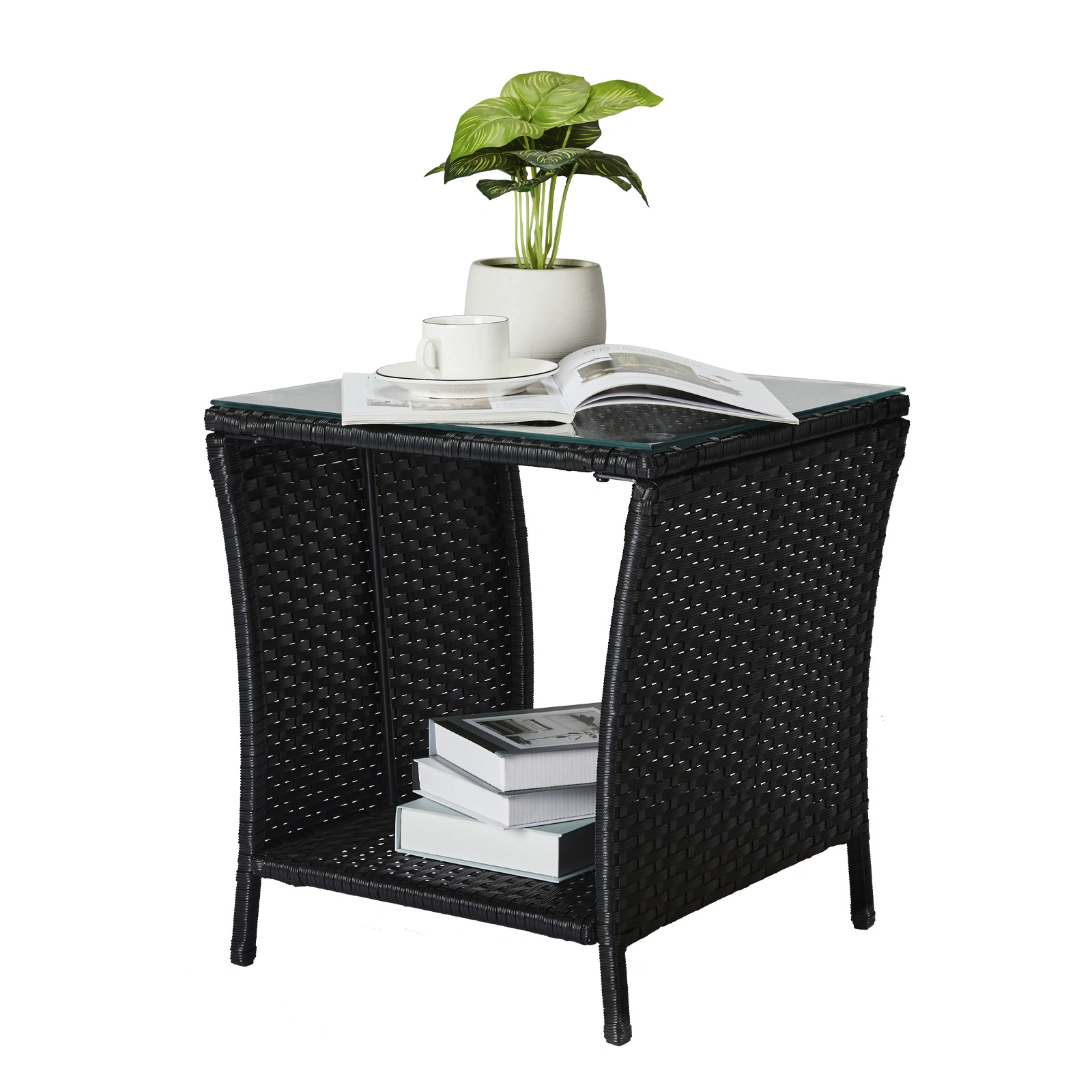 Outdoor Patio Wicker Side Table, Square End Table Bistro Coffee Table with Glass Top Storage Shelf for Porch Garden Backyard Black view 7