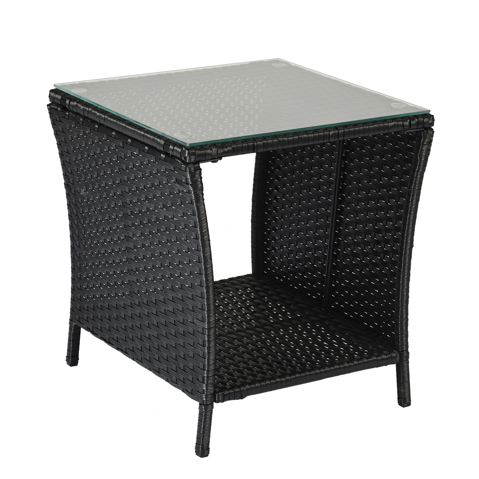 Outdoor Patio Wicker Side Table, Square End Table Bistro Coffee Table with Glass Top Storage Shelf for Porch Garden Backyard Black view 8