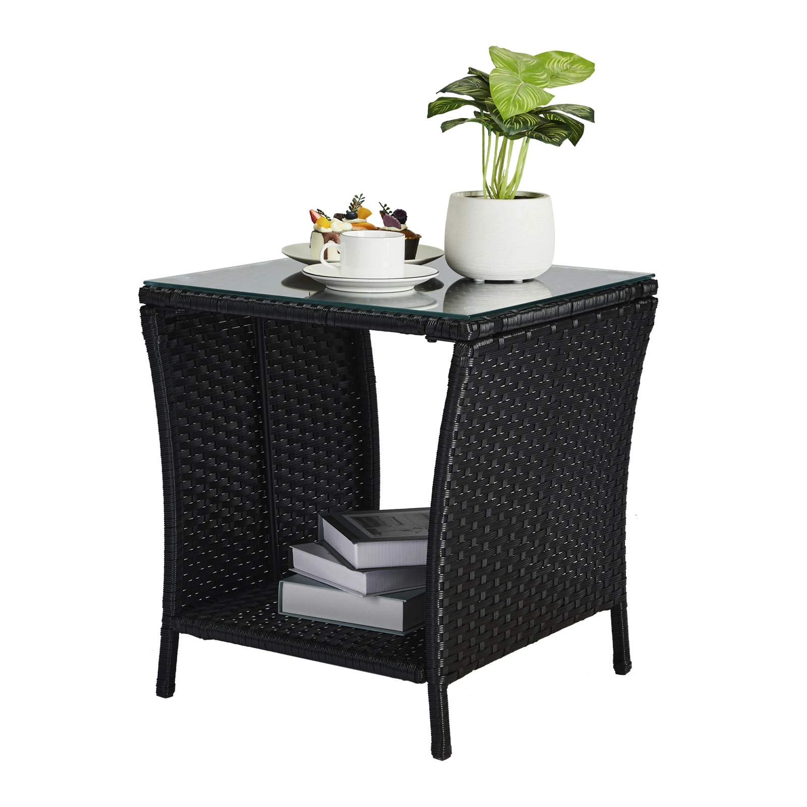 Outdoor Patio Wicker Side Table, Square End Table Bistro Coffee Table with Glass Top Storage Shelf for Porch Garden Backyard Black view 9