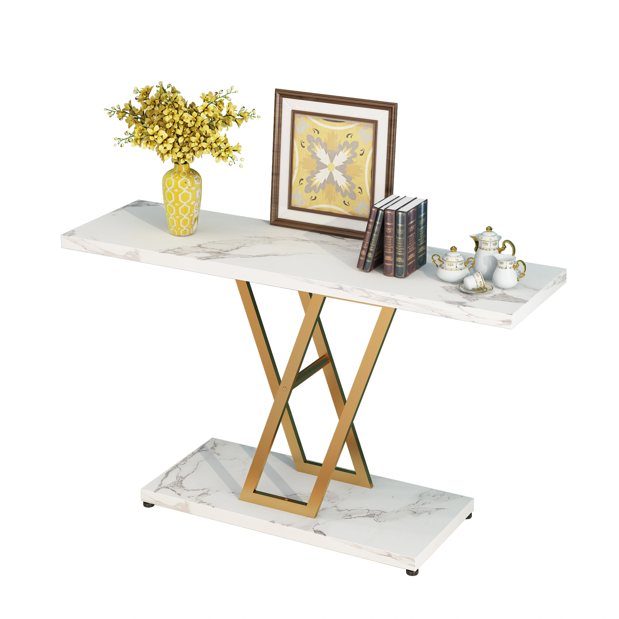 Console Table, Industrial Hallway Table for Entryway, 42 Inch Entryway Tables Narrow Sofa Table for Living Room, Stable Metal Frame & Easy Assemble,Gold/White Color view 6
