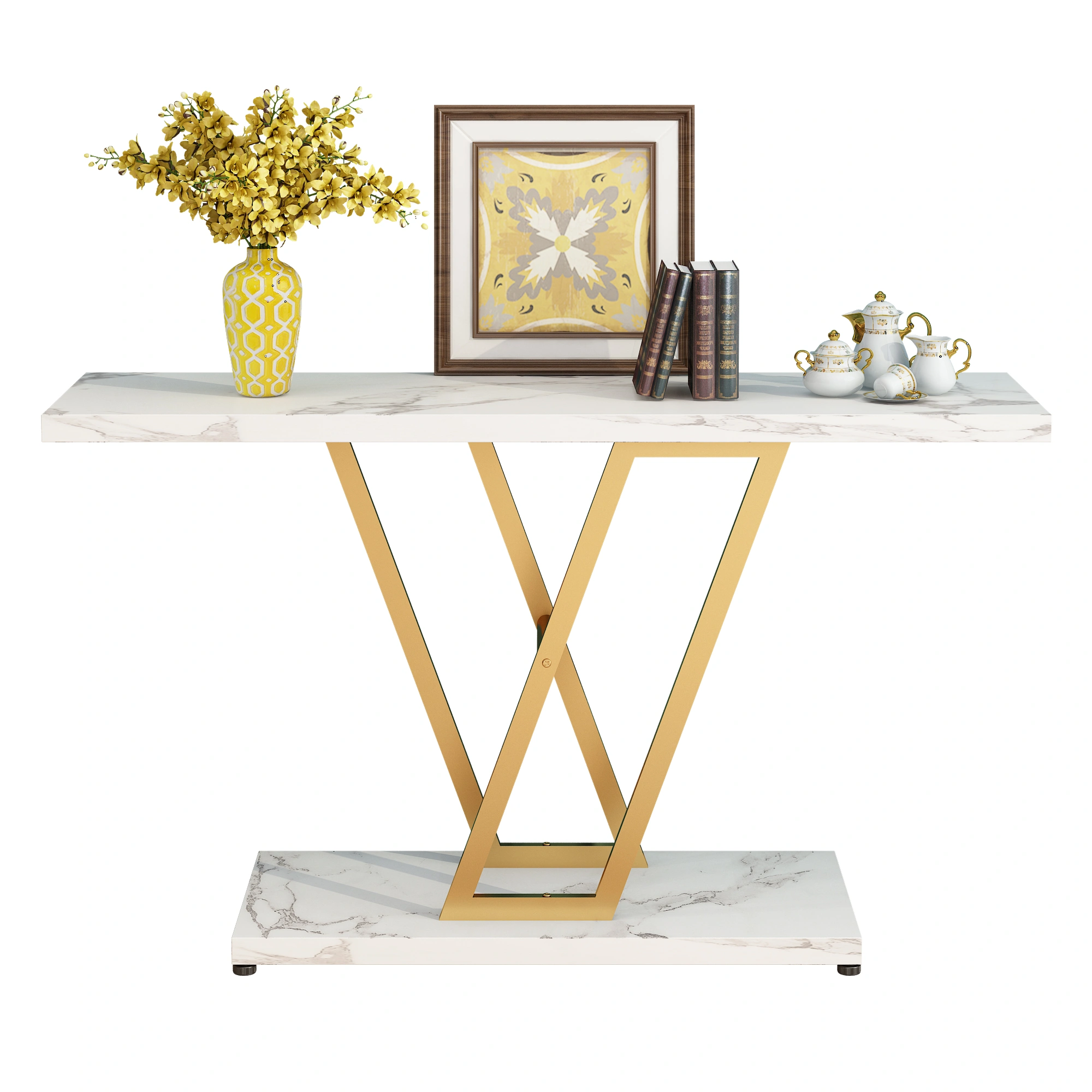 Console Table, Industrial Hallway Table for Entryway, 42 Inch Entryway Tables Narrow Sofa Table for Living Room, Stable Metal Frame & Easy Assemble,Gold/White Color view 7