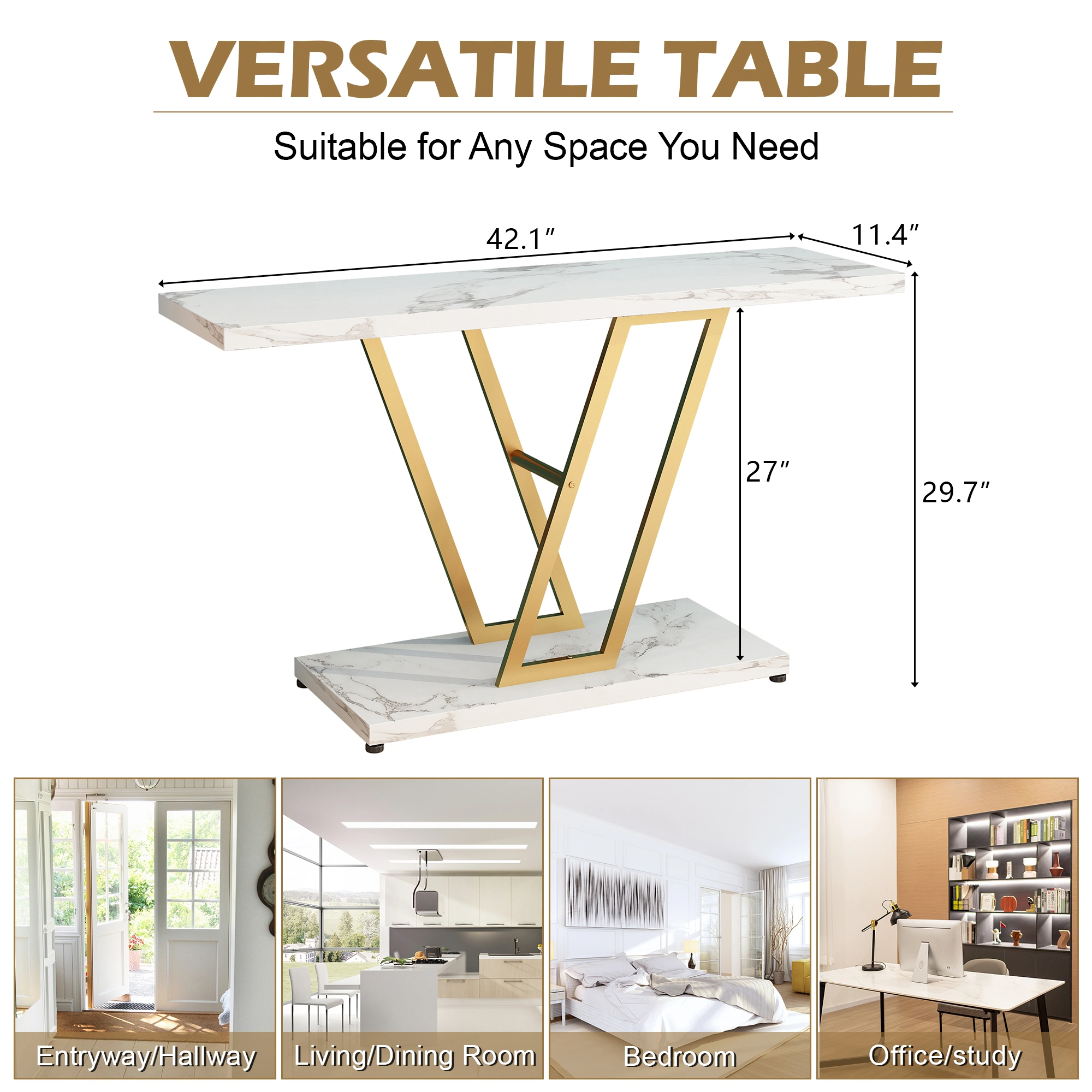Console Table, Industrial Hallway Table for Entryway, 42 Inch Entryway Tables Narrow Sofa Table for Living Room, Stable Metal Frame & Easy Assemble,Gold/White Color view 8