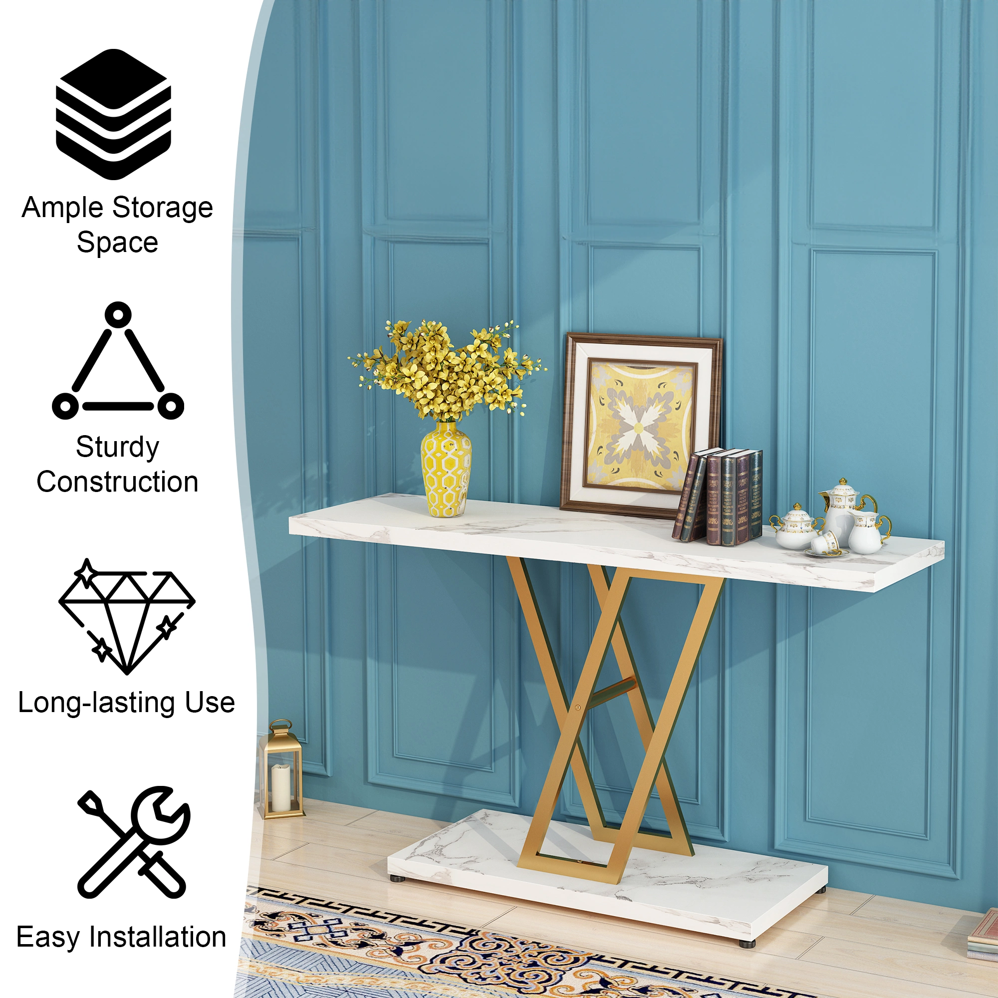 Console Table, Industrial Hallway Table for Entryway, 42 Inch Entryway Tables Narrow Sofa Table for Living Room, Stable Metal Frame & Easy Assemble,Gold/White Color view 9