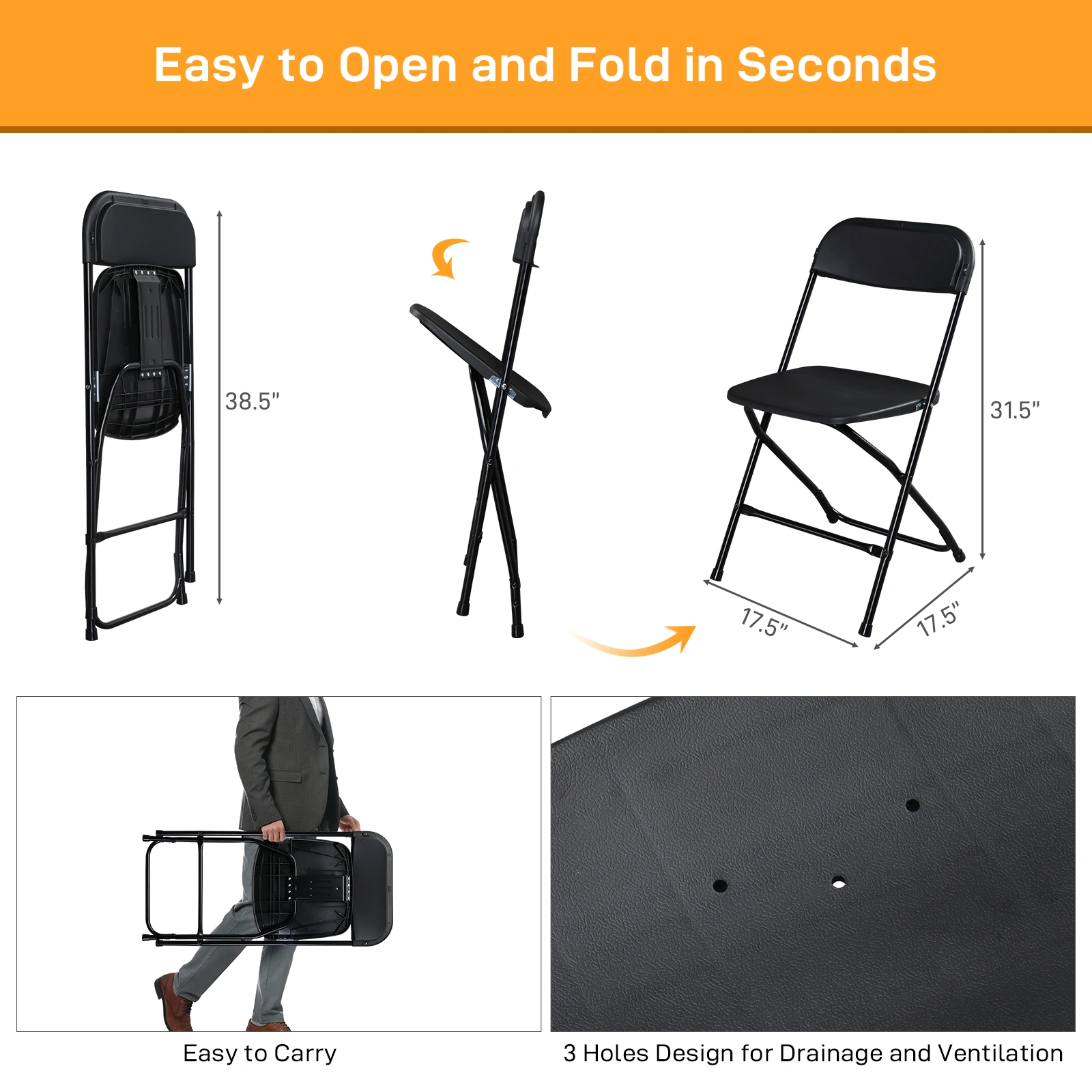 10pcs Injection Molding Classic Garden Plastic Folding Chair Black view 13