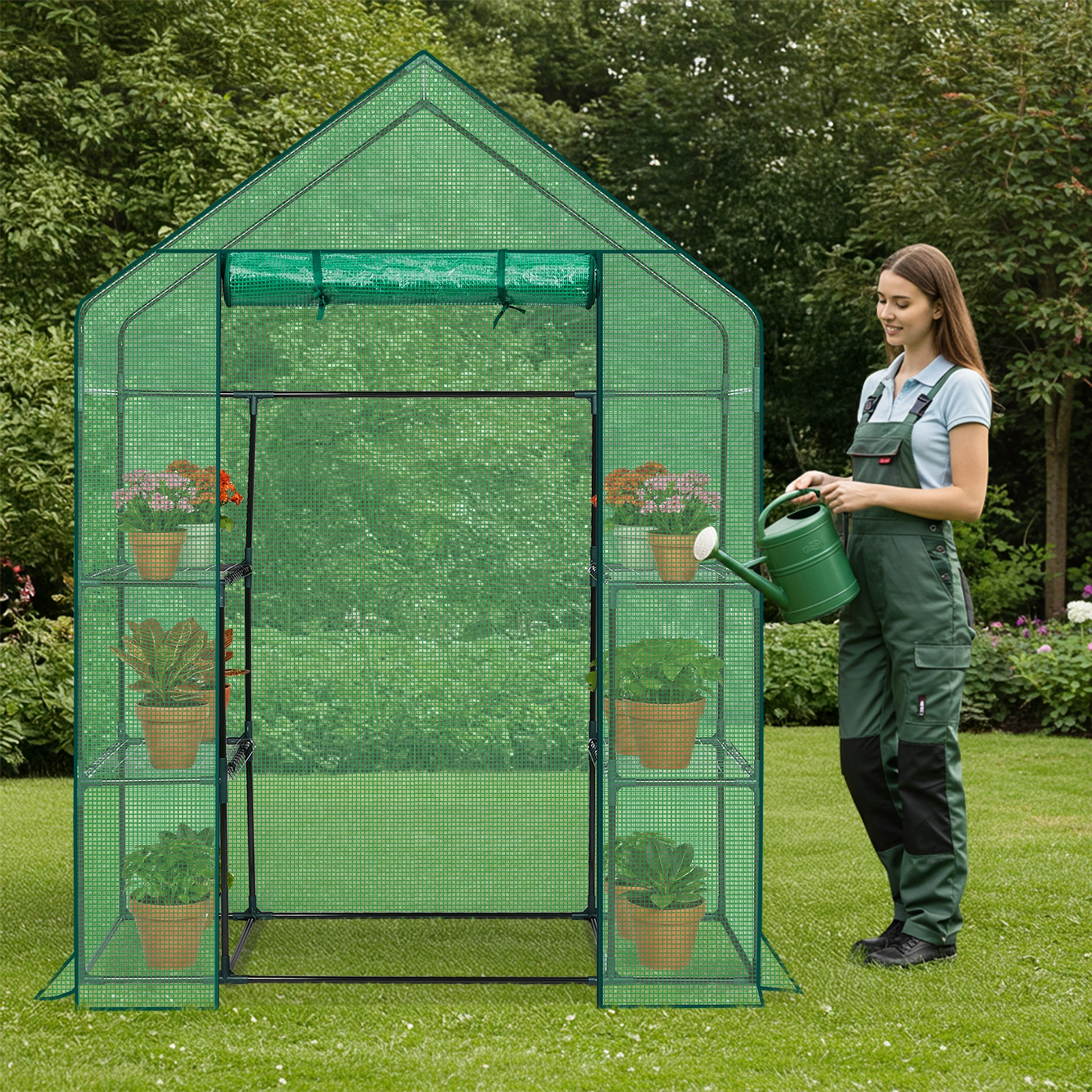 Mini Walk-in Greenhouse with PE Cover, 4-Shelf Indoor Outdoor Plant Gardening Green House for Garden Backyard, 56" x 29" x 77", Green view 11