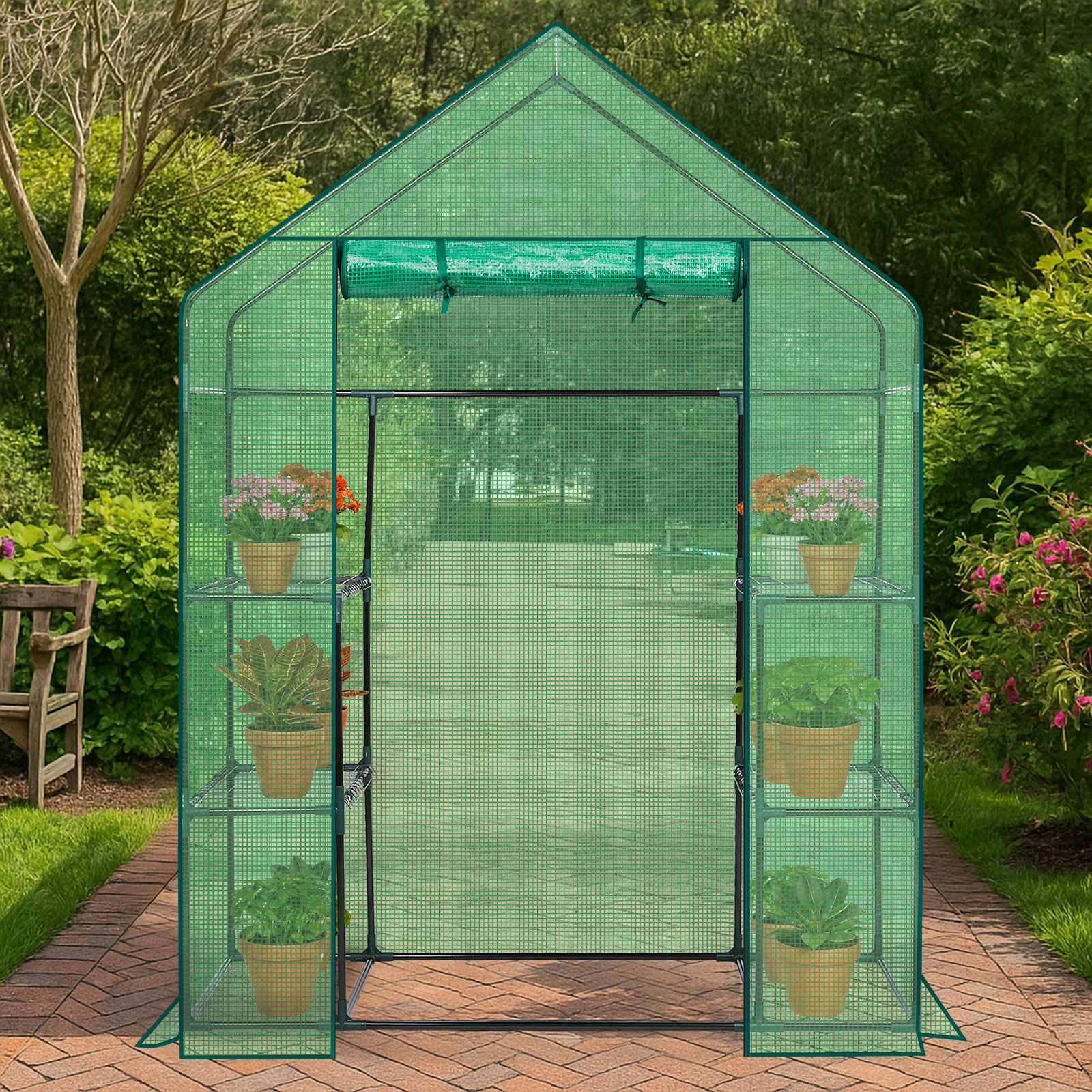 Mini Walk-in Greenhouse with PE Cover, 4-Shelf Indoor Outdoor Plant Gardening Green House for Garden Backyard, 56" x 29" x 77", Green view 17