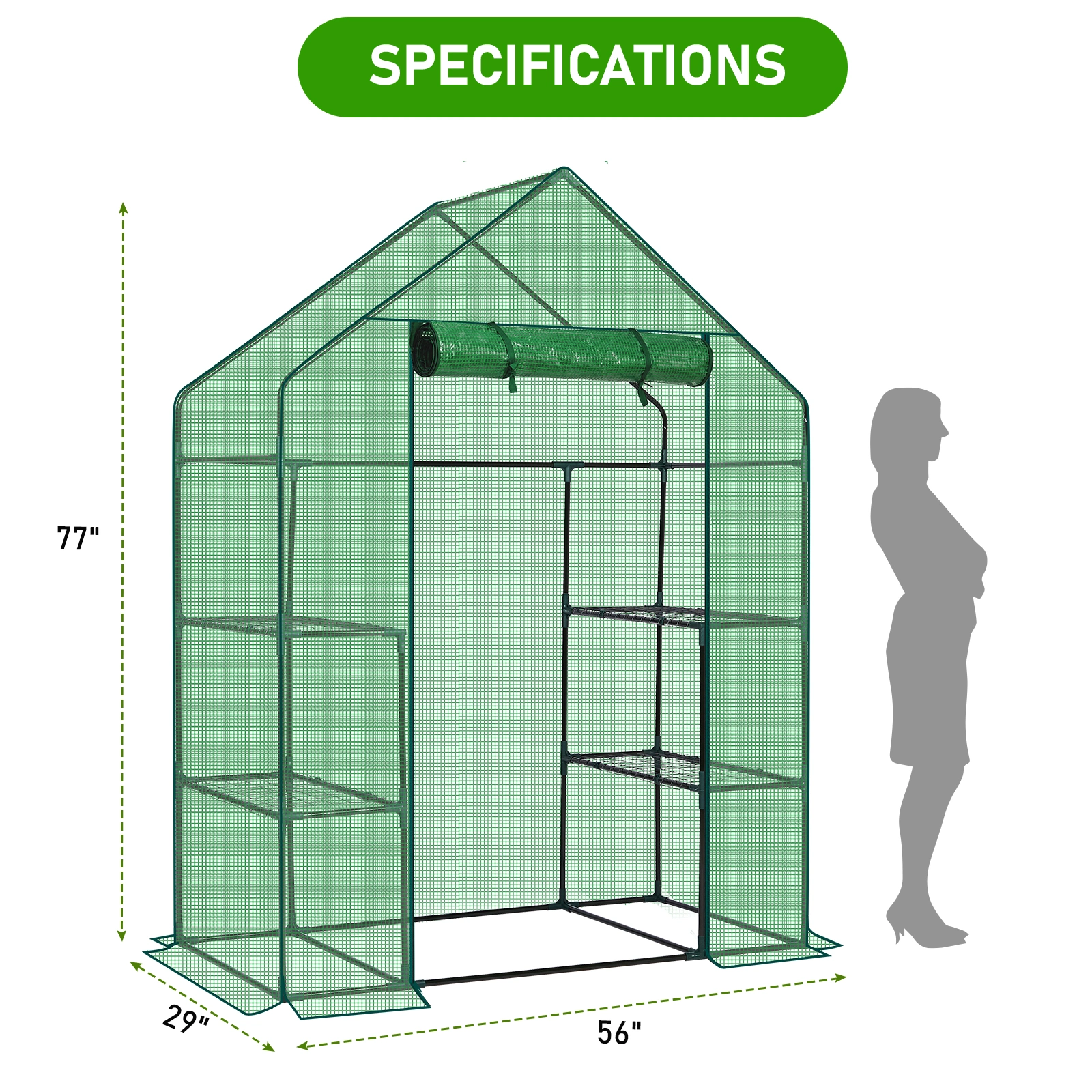 Mini Walk-in Greenhouse with PE Cover, 4-Shelf Indoor Outdoor Plant Gardening Green House for Garden Backyard, 56" x 29" x 77", Green view 21