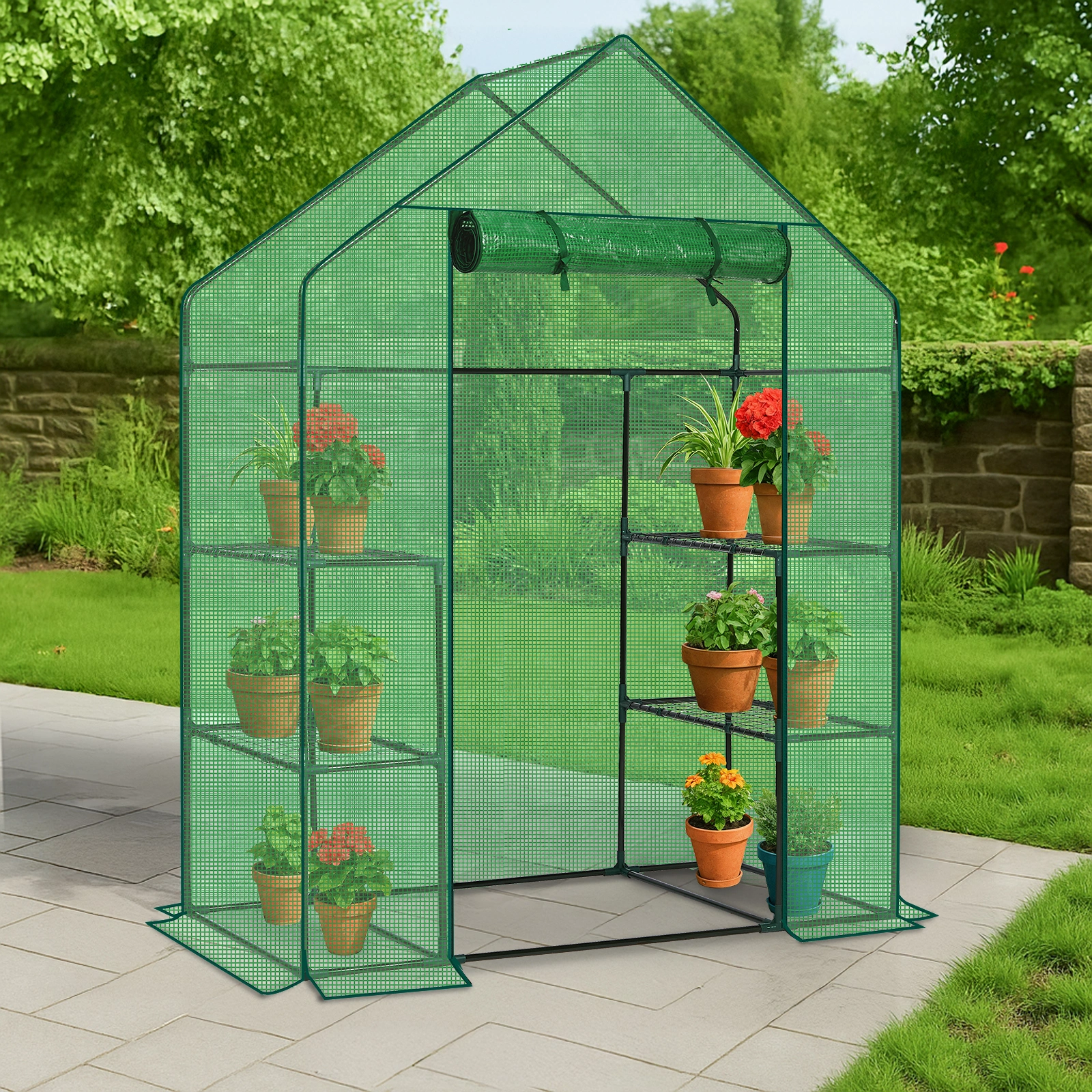 Mini Walk-in Greenhouse with PE Cover, 4-Shelf Indoor Outdoor Plant Gardening Green House for Garden Backyard, 56" x 29" x 77", Green view 9