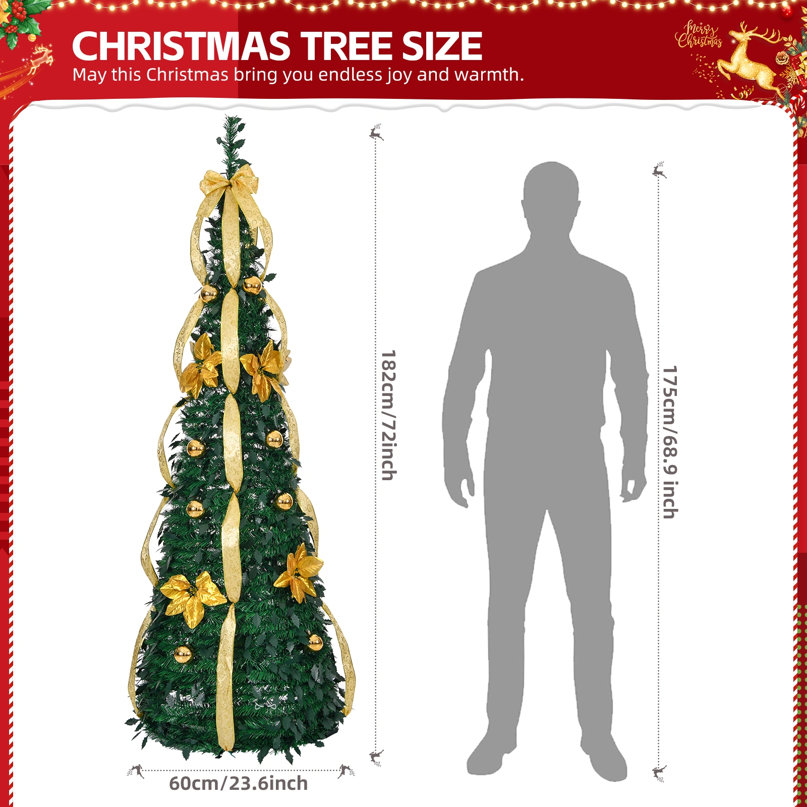 6 FT Pop Up Christmas Tree Pre-Lit with 80 Warm Lights Battery Operated, Fully Decorated Artificial Xmas Tree Golden Silver Ornaments for Home Office Holiday Decoration view 2