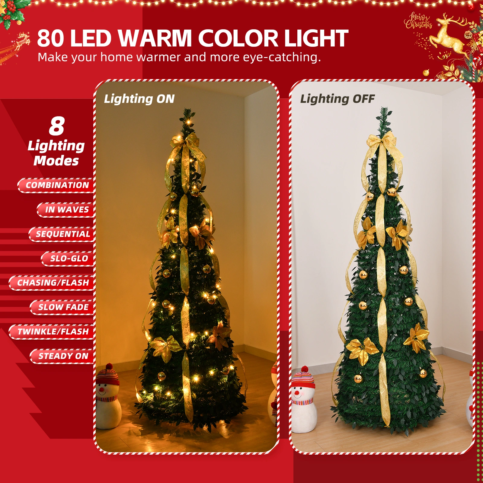 6 FT Pop Up Christmas Tree Pre-Lit with 80 Warm Lights Battery Operated, Fully Decorated Artificial Xmas Tree Golden Silver Ornaments for Home Office Holiday Decoration view 6