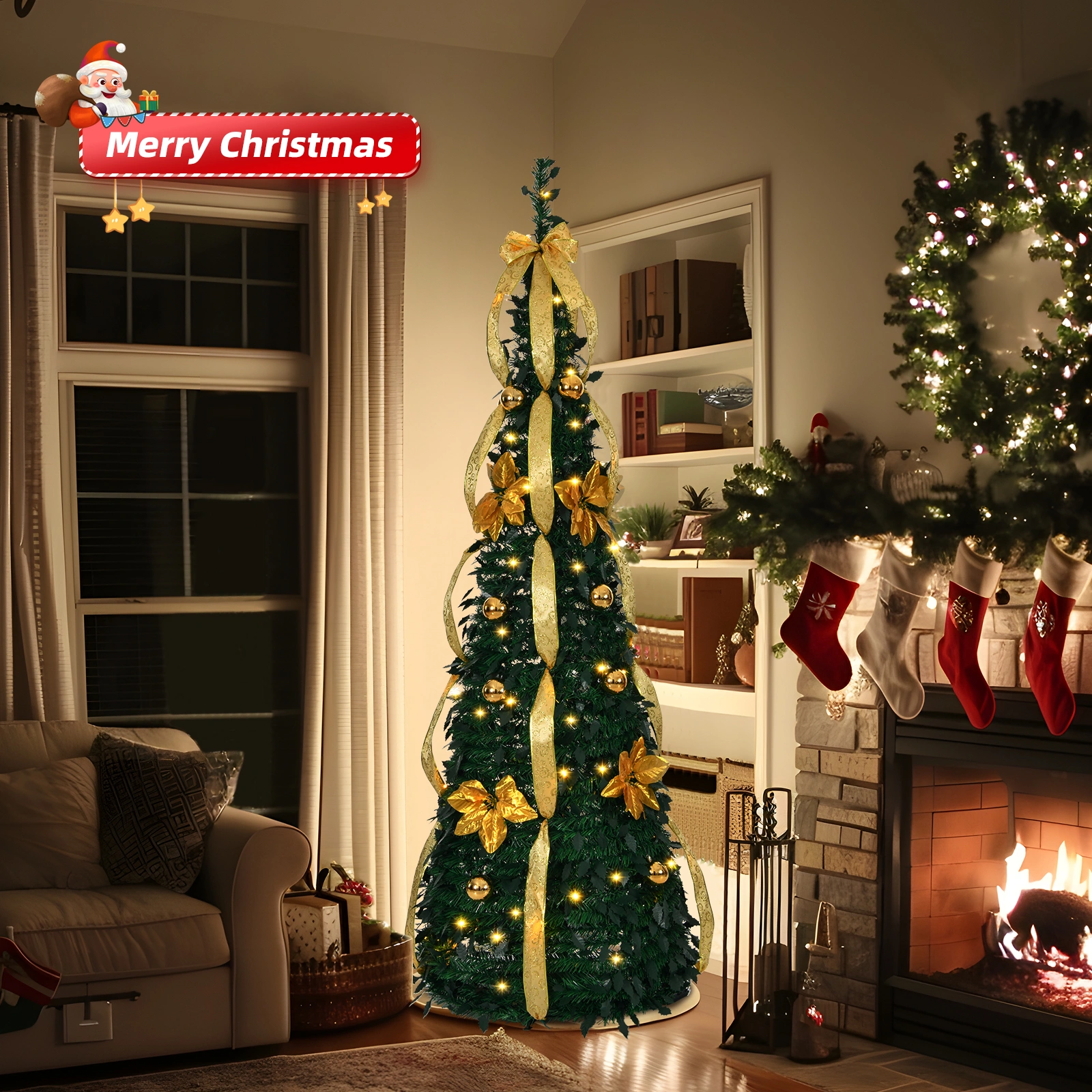 6 FT Pop Up Christmas Tree Pre-Lit with 80 Warm Lights Battery Operated, Fully Decorated Artificial Xmas Tree Golden Silver Ornaments for Home Office Holiday Decoration view 7