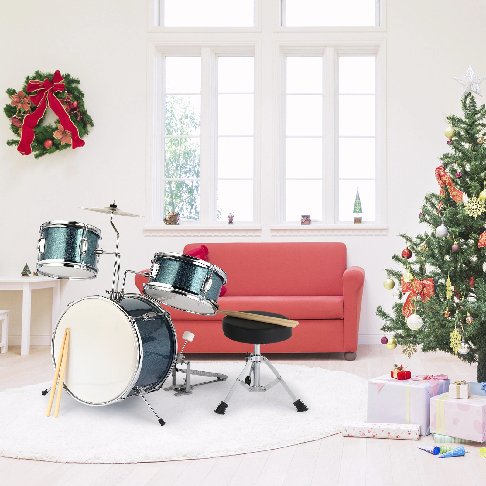 14"x10" 3-Pieces Junior Kids Drum Set Kit Pedal Drum Stick Wrench Drum Stool Sky Blue view 13