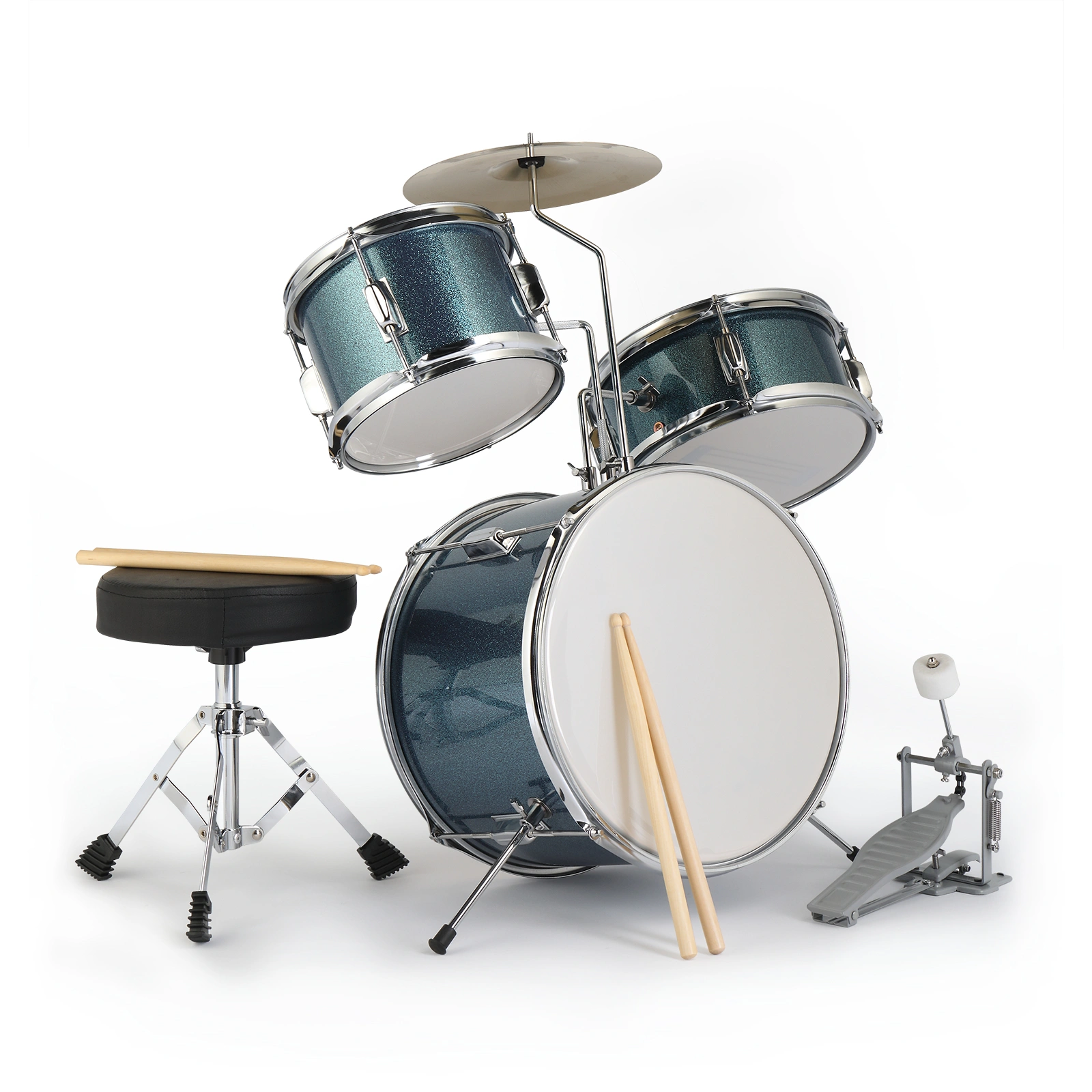 14"x10" 3-Pieces Junior Kids Drum Set Kit Pedal Drum Stick Wrench Drum Stool Sky Blue view 3