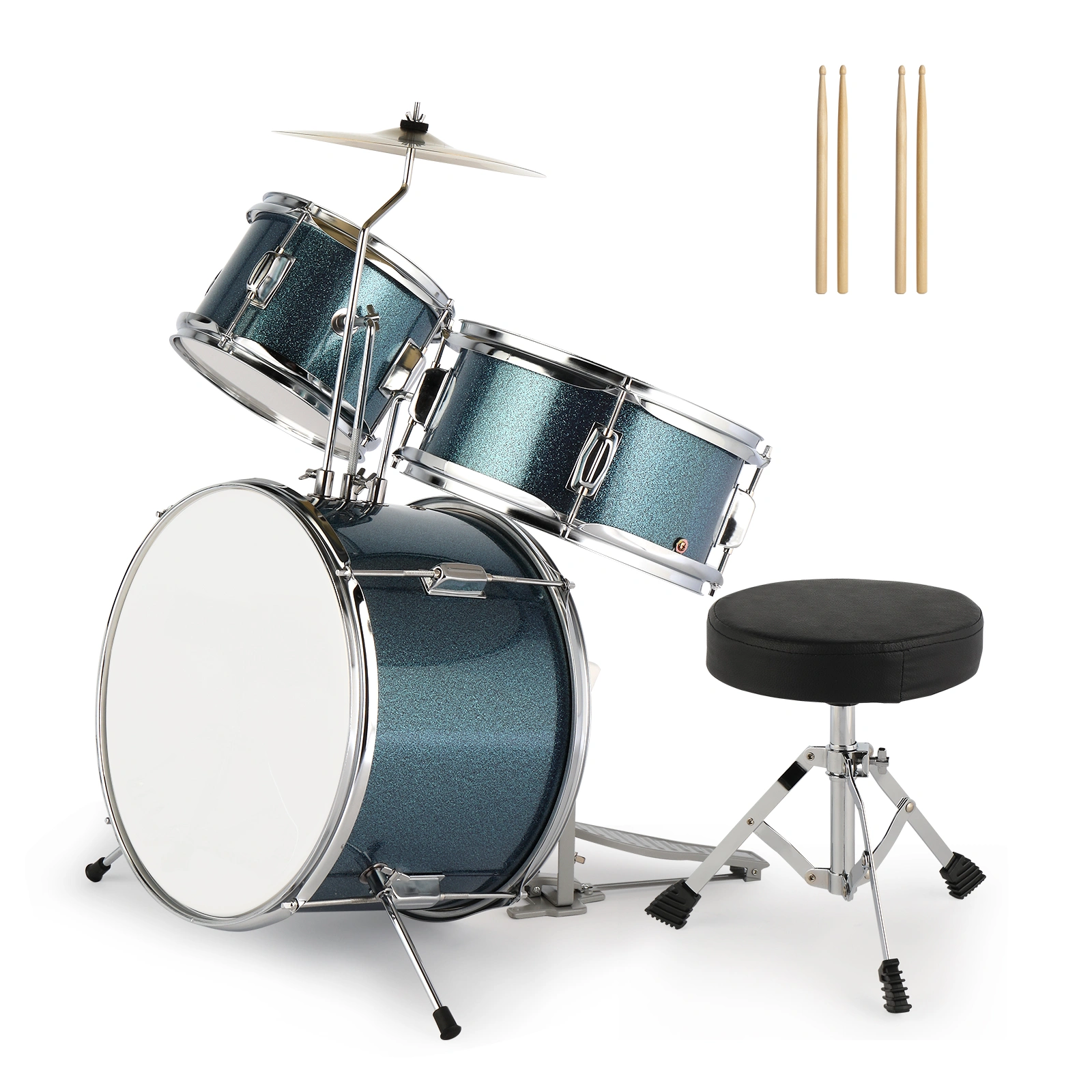 14"x10" 3-Pieces Junior Kids Drum Set Kit Pedal Drum Stick Wrench Drum Stool Sky Blue view 4
