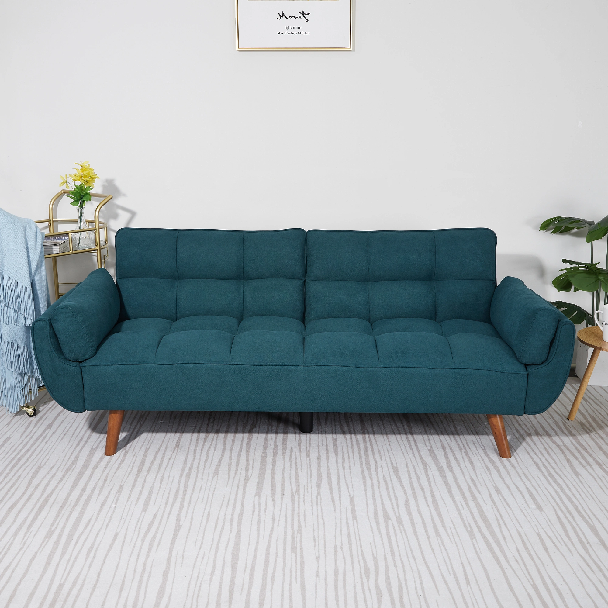 75 Inch Flared Arm Convertible Sleeper Sofa Bed, Green Fabric Upholstery, 3-Seater Couch
