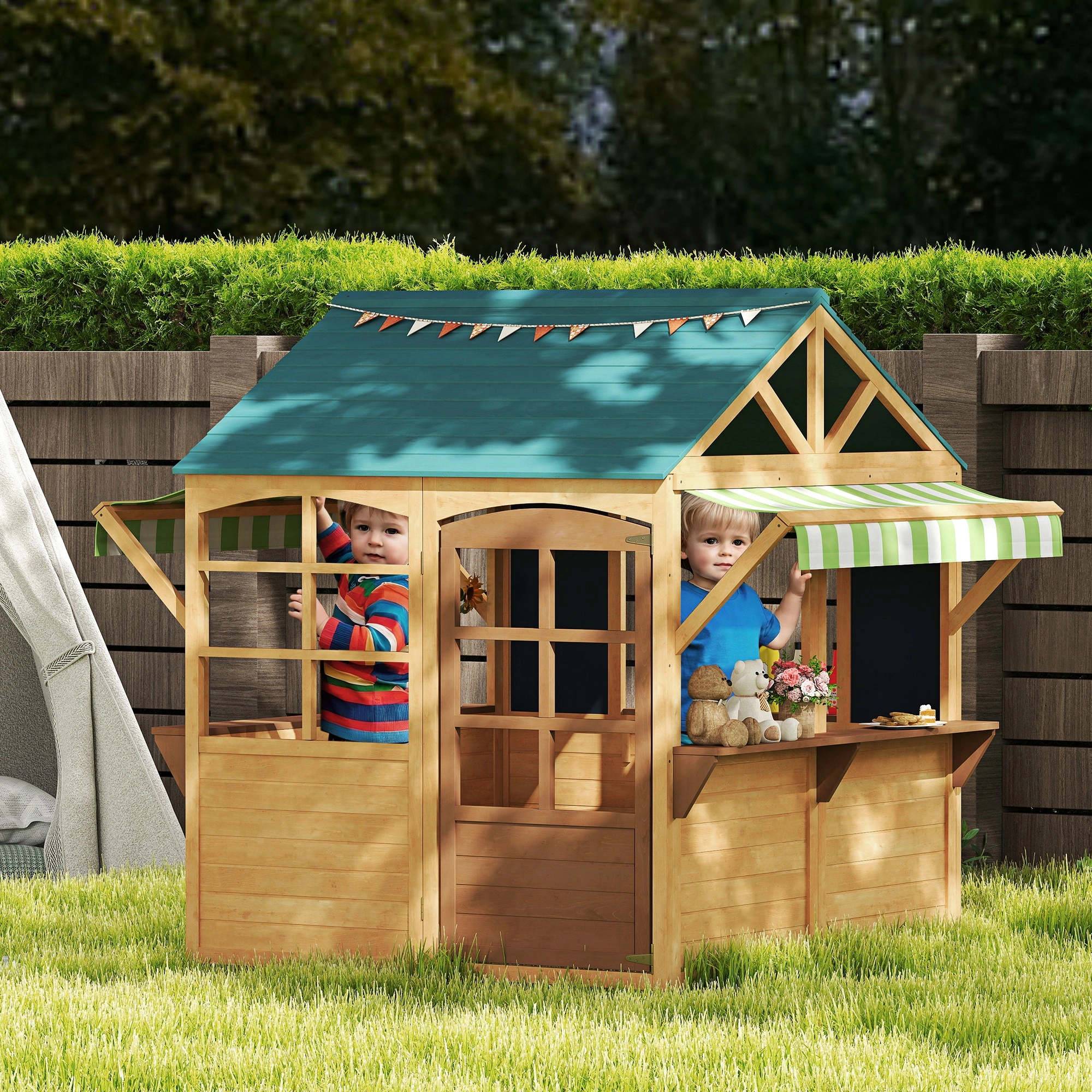Garden Wooden Playhouse for Kids - Outdoor Indoor Fort with Slide & Roof, Large Kids Play Tent House for Toddlers Ages 3-8 view 6