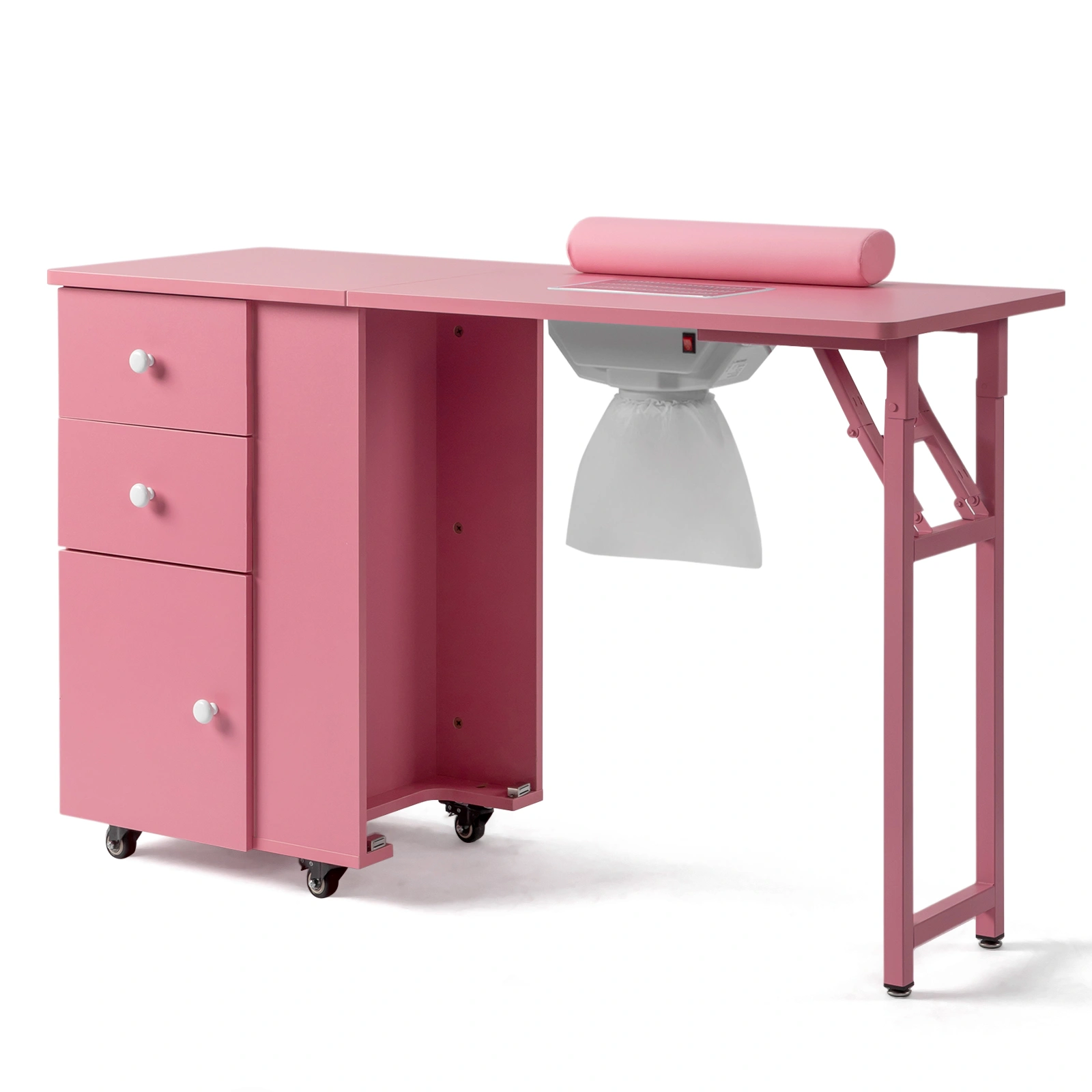 Nail Desk Folding Table, Pink MDF Manicure Station w/ 2 Drawers & 1 Door Cabinet for Nail Art Salon Home Beauty view 3