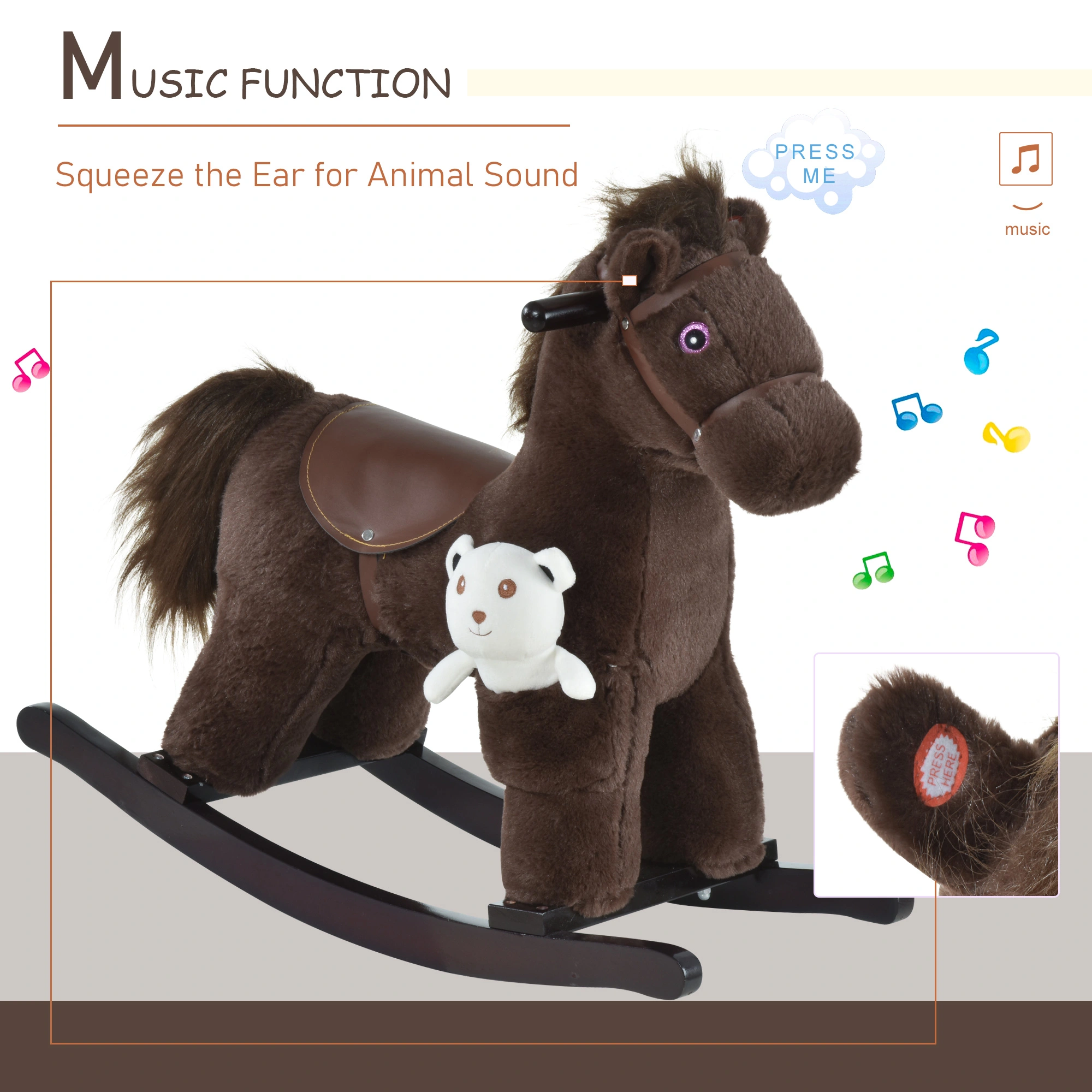 Kids Rocking Horse, Wooden Ride-On Toy with Soft Foam Seat for Toddlers view 3