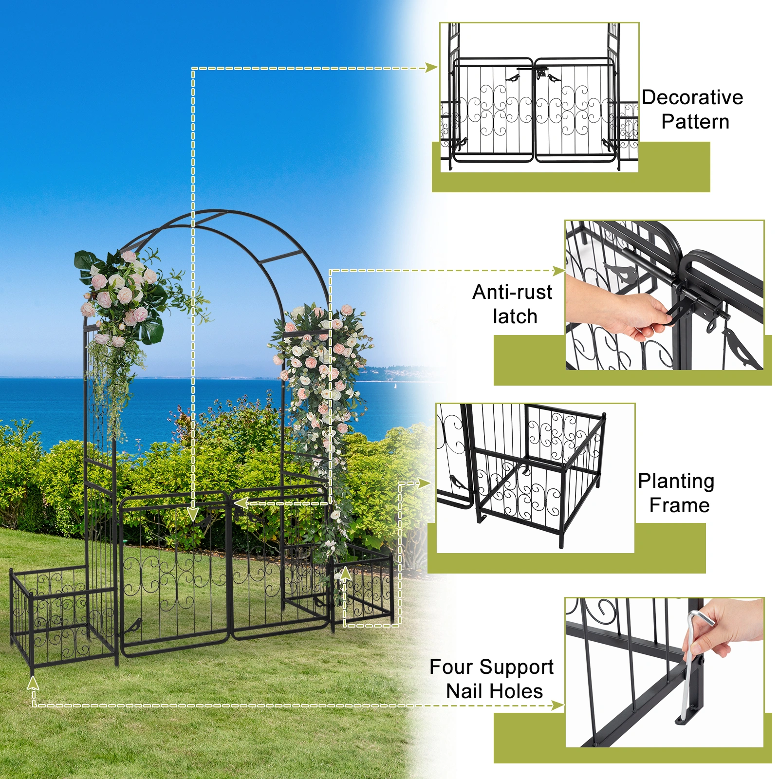 198.5*50*219cm Courtyard Arc Top With Door With Planting Frame Iron Art Iron Arch Black view 13