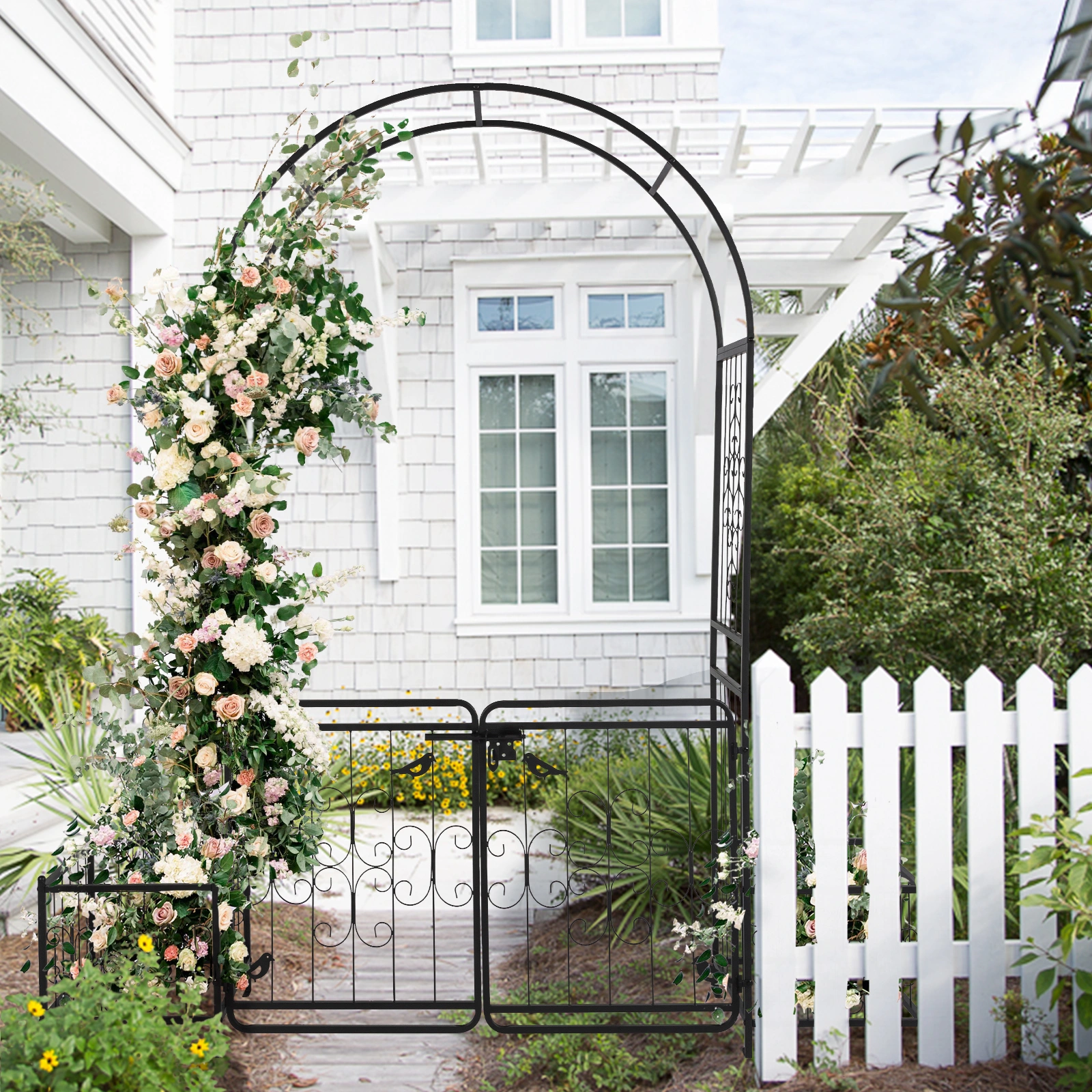 198.5*50*219cm Courtyard Arc Top With Door With Planting Frame Iron Art Iron Arch Black view 16
