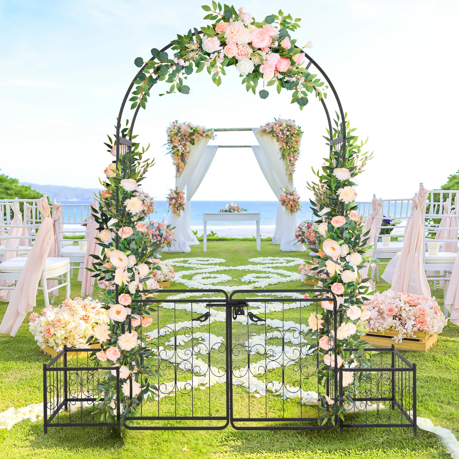 198.5*50*219cm Courtyard Arc Top With Door With Planting Frame Iron Art Iron Arch Black view 7