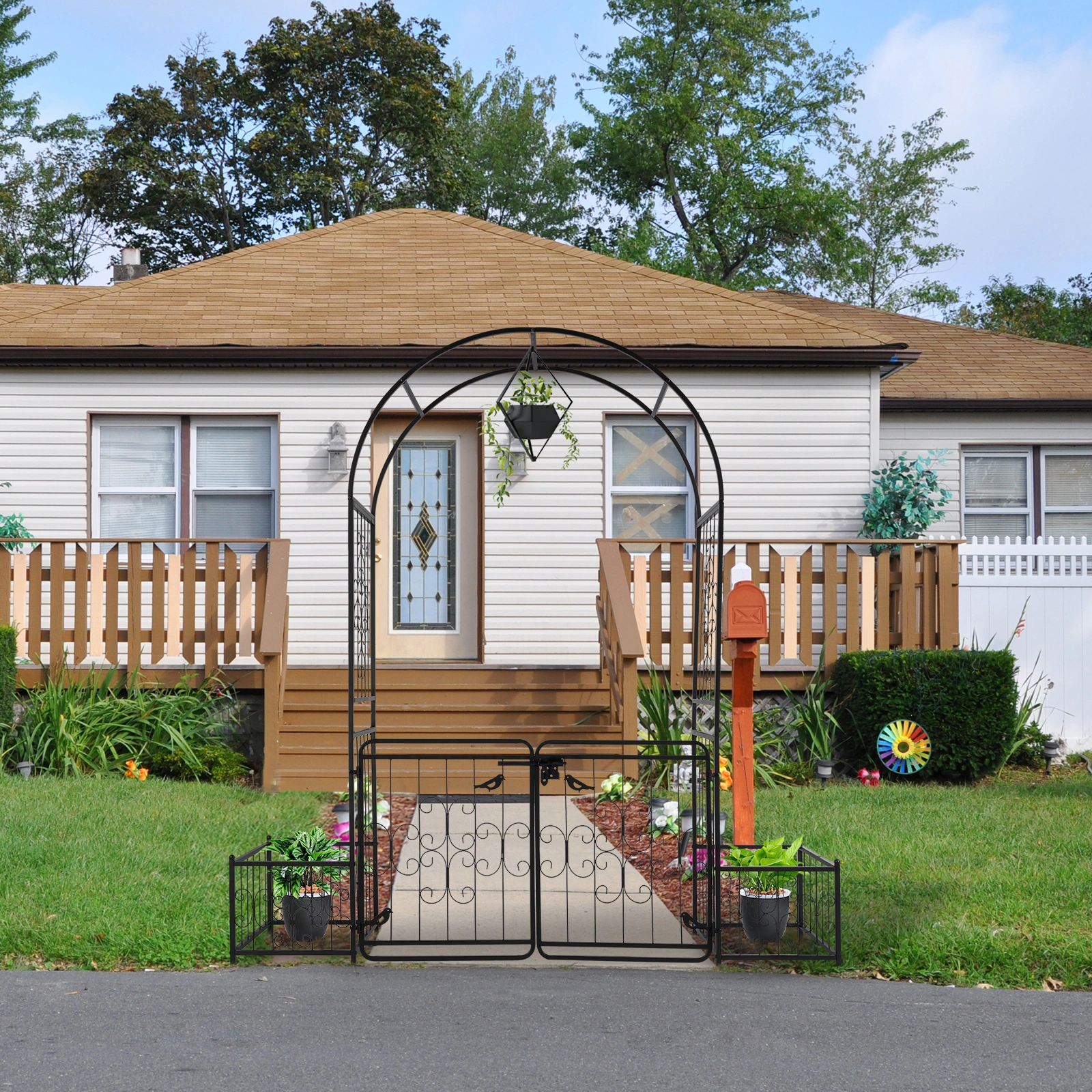 198.5*50*219cm Courtyard Arc Top With Door With Planting Frame Iron Art Iron Arch Black view 9