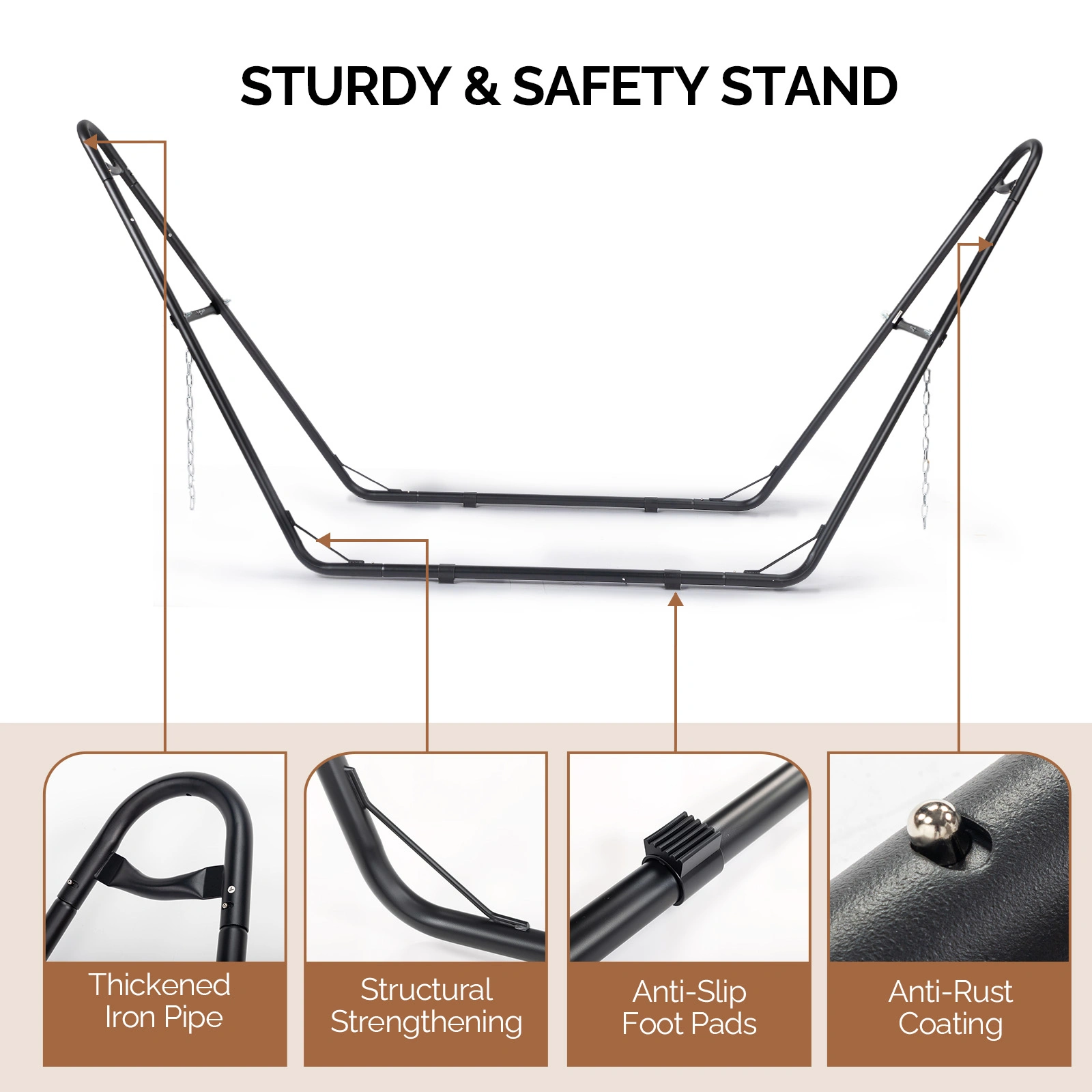 Double-Barrel Hammock Stand Only, Heavy Duty Iron Hammock Frame for All Hammocks, Easy Assembly Hammock Hanging Stand for Garden, Courtyard and Balcony, Black view 8