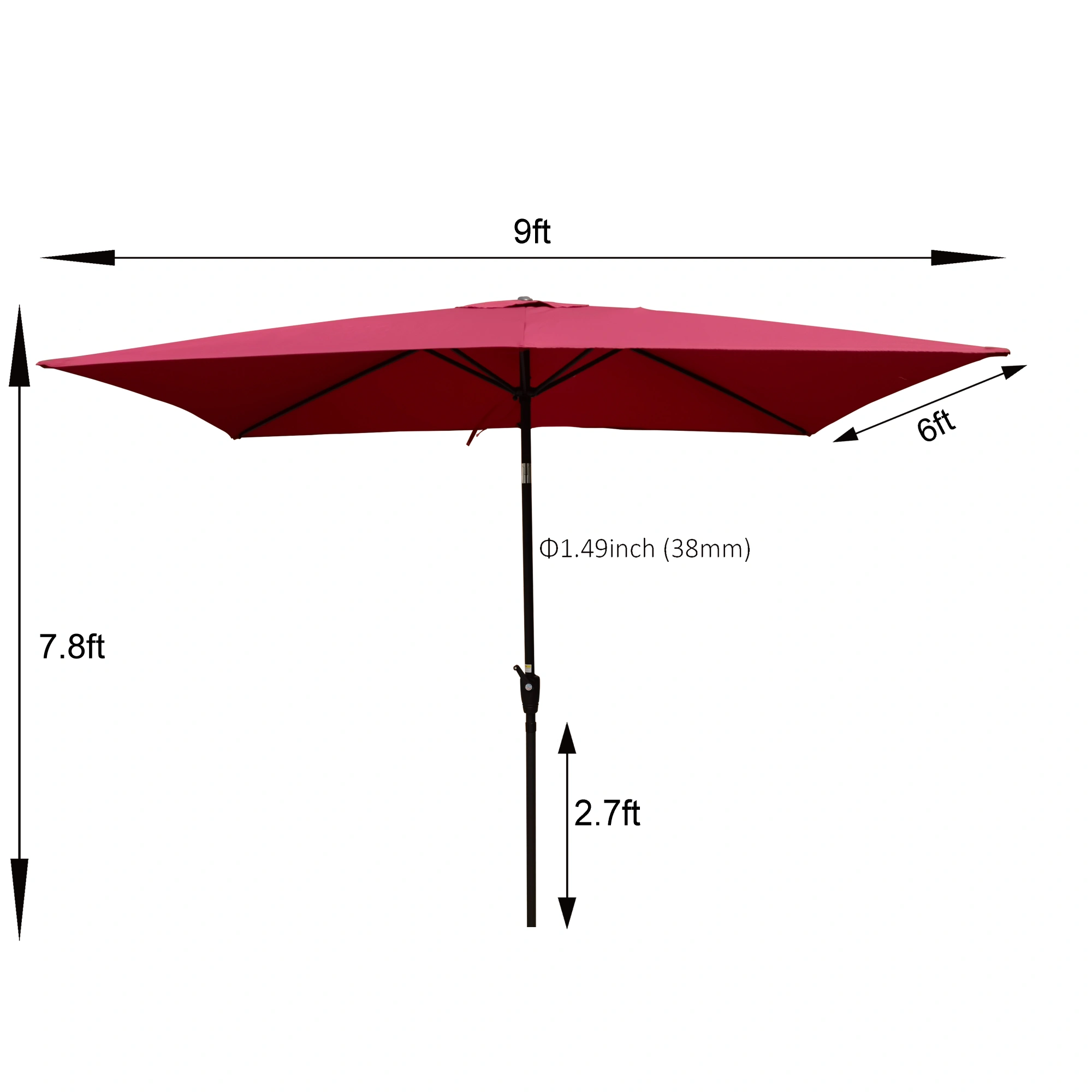 6x9ft Patio Umbrella Outdoor, Rectangular Waterproof Garden Umbrella with Crank & Push Button Tilt, No Sk view 6
