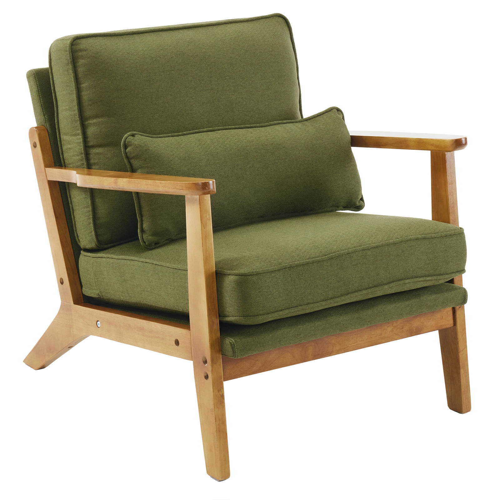 Mid-Century Oak Accent Chair Linen-Cotton Forest Green Upholstered Lounge Chair Indoor Armchair 330lbs Weight Capacity Sturdy Wood Frame