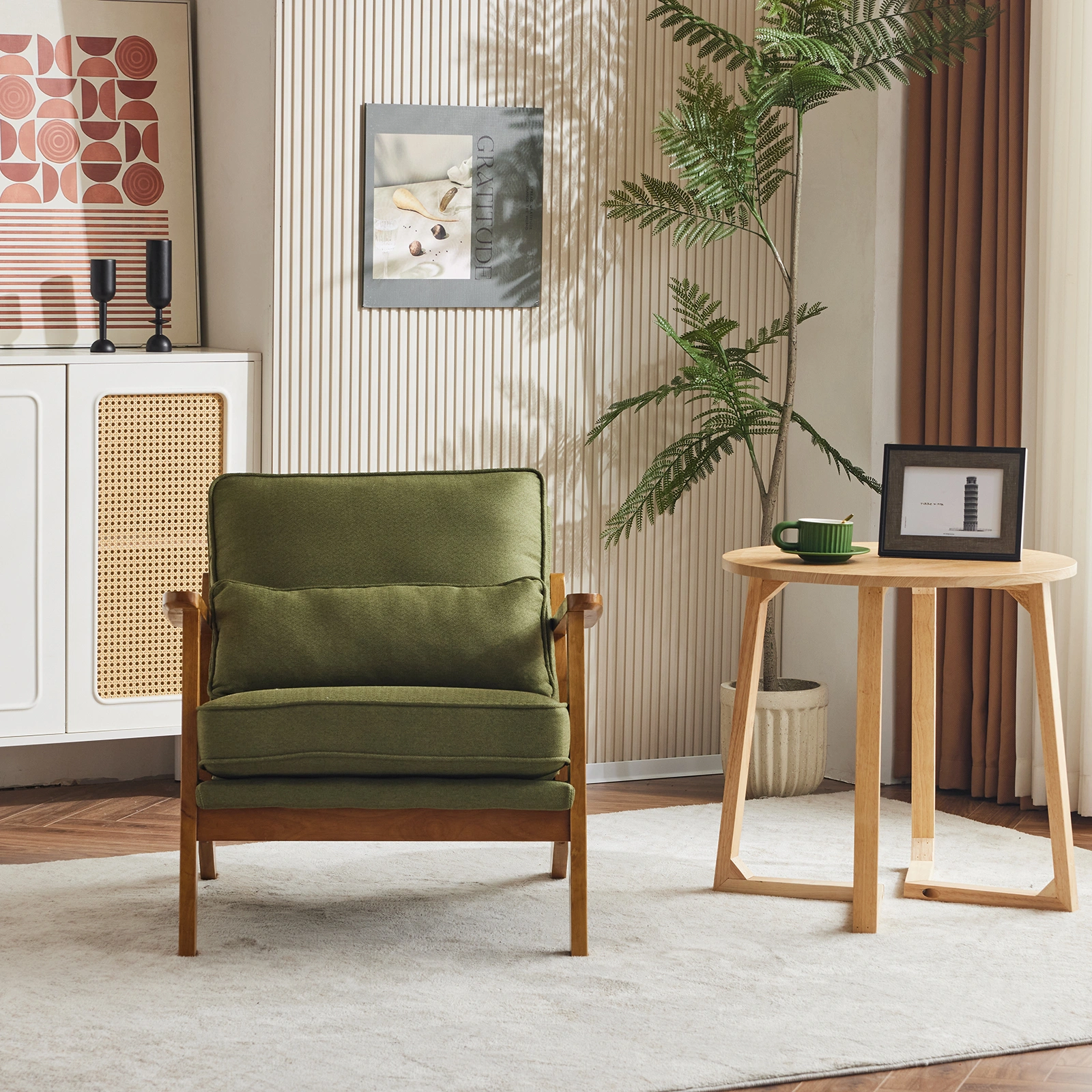 Mid-Century Oak Accent Chair Linen-Cotton Forest Green Upholstered Lounge Chair Indoor Armchair 330lbs Weight Capacity Sturdy Wood Frame view 2