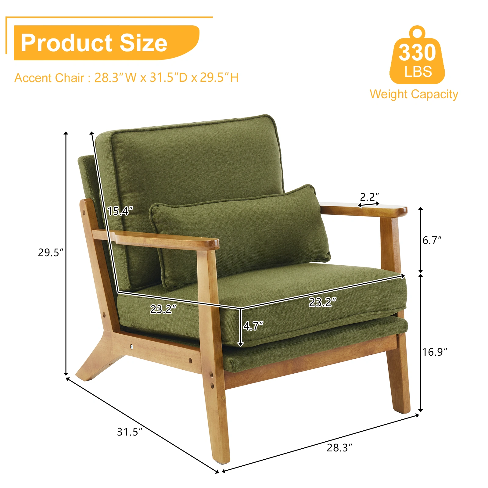 Mid-Century Oak Accent Chair Linen-Cotton Forest Green Upholstered Lounge Chair Indoor Armchair 330lbs Weight Capacity Sturdy Wood Frame view 4