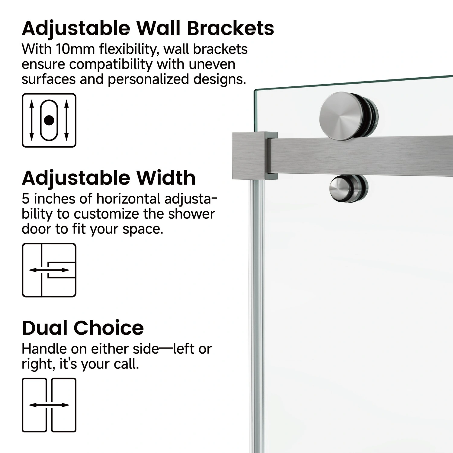 60"x76" Framed Sliding Shower Door with Fixed Panel, 3/8" (10mm) SGCC Tempered Clear Glass, Square Tube Stainless Steel Hardware, Bypass Style view 3