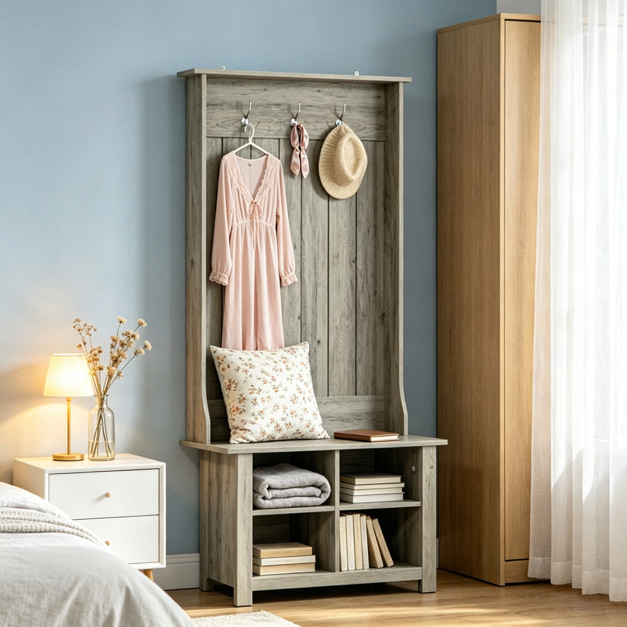 Grey Hall Tree with Shoe Storage Bench Entryway Organizer Coat Rack for Living Room