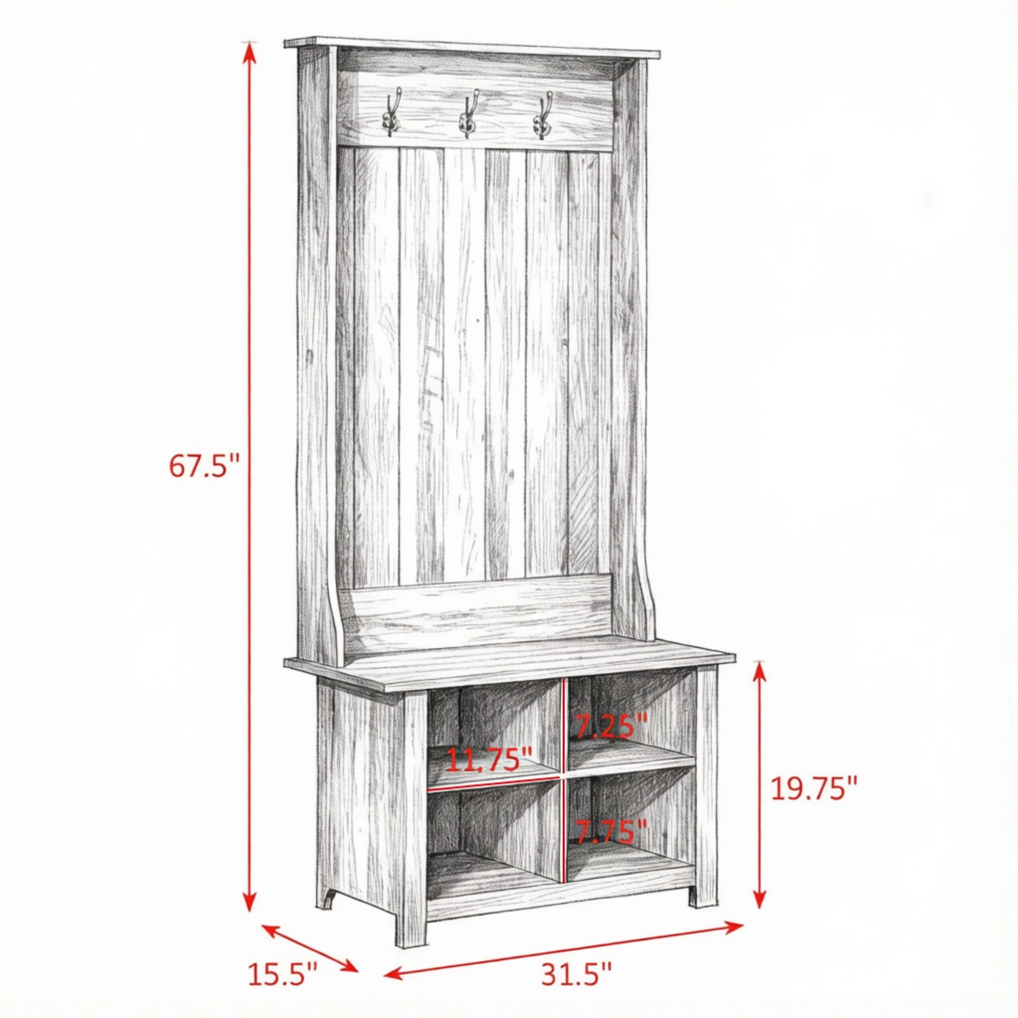 Grey Hall Tree with Shoe Storage Bench Entryway Organizer Coat Rack for Living Room view 3