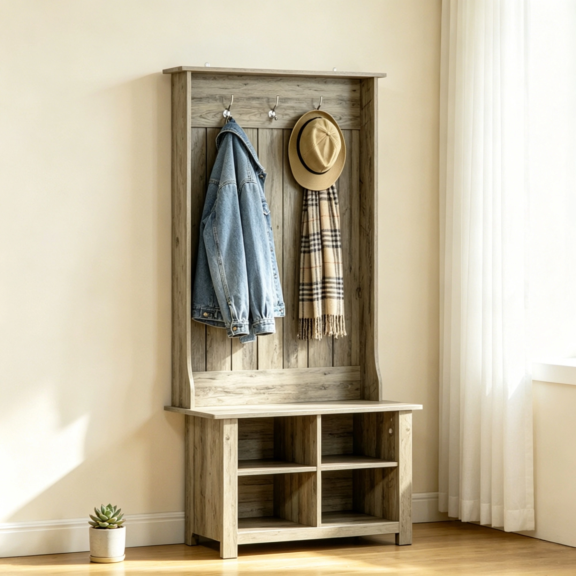 Grey Hall Tree with Shoe Storage Bench Entryway Organizer Coat Rack for Living Room view 4