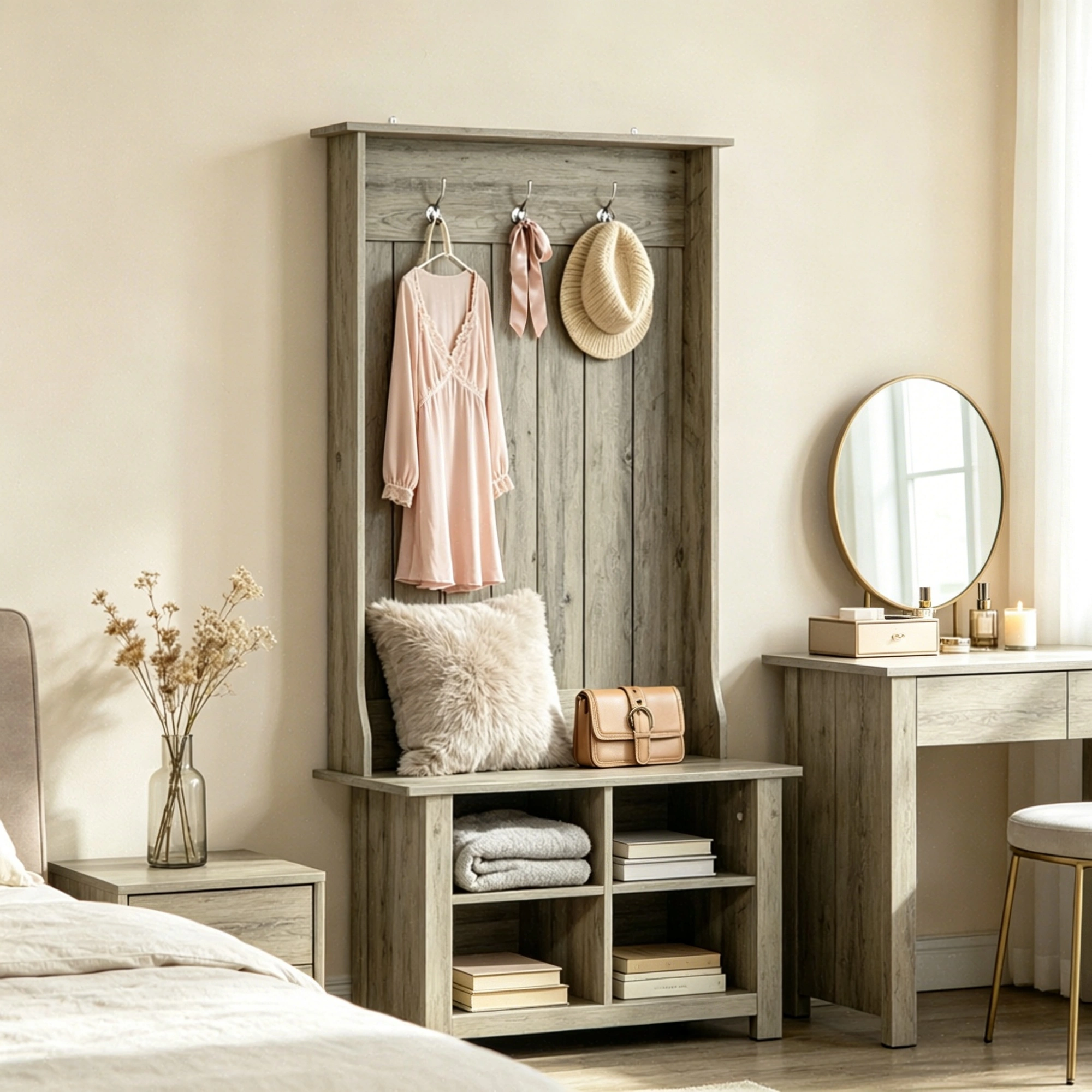 Grey Hall Tree with Shoe Storage Bench Entryway Organizer Coat Rack for Living Room view 5