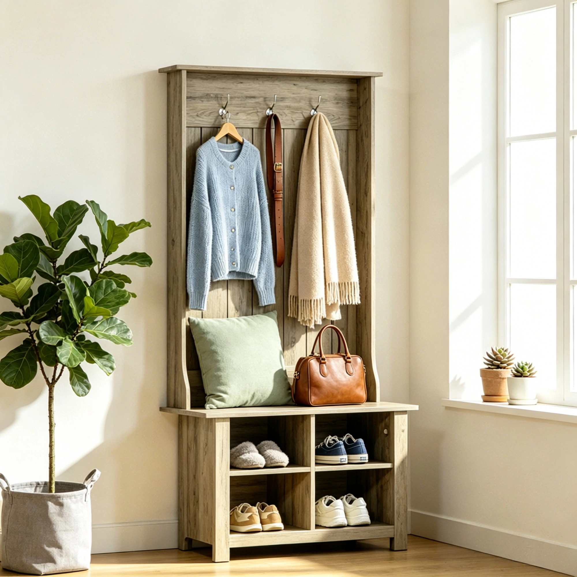 Grey Hall Tree with Shoe Storage Bench Entryway Organizer Coat Rack for Living Room view 6